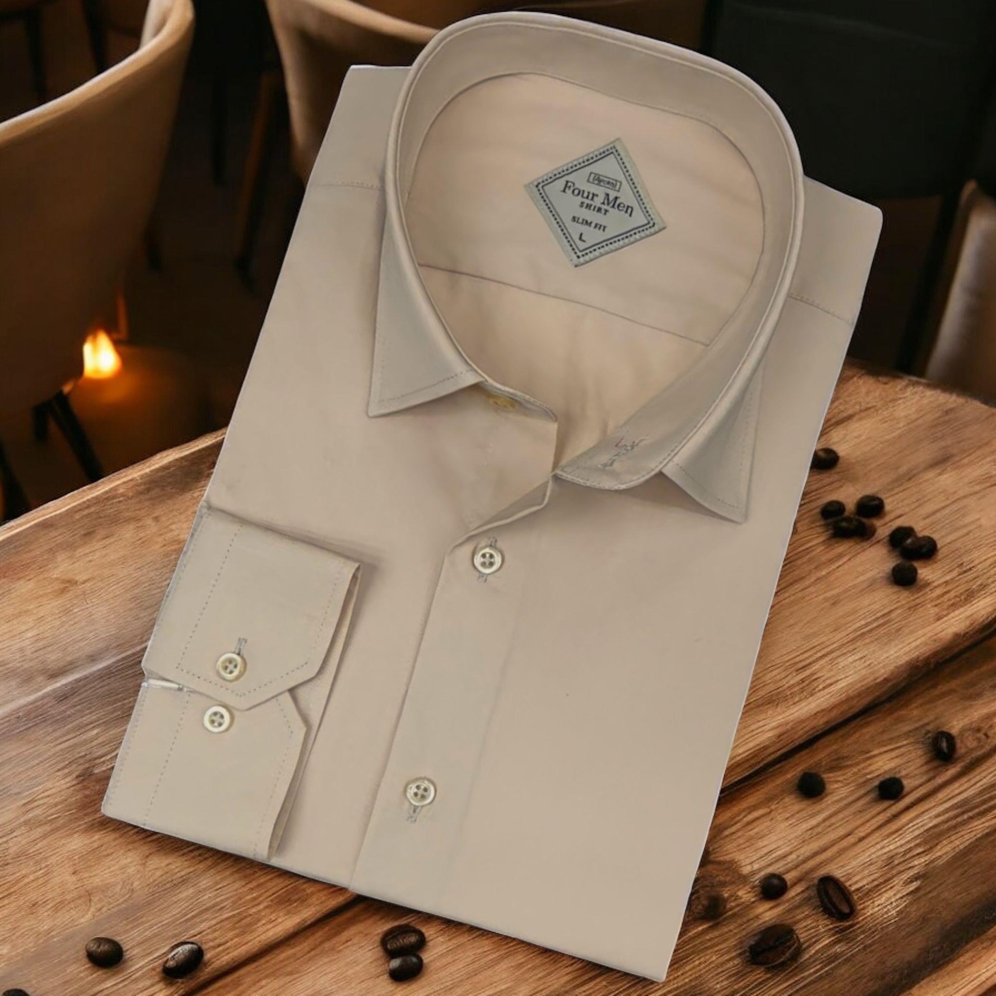 Linen Keten Klasik %100 Cotton Uzun Kollu Slim-Fit  Terletmeyen Tek Cepli Kapaklı Krem Gömlek (Regular Kalıp)