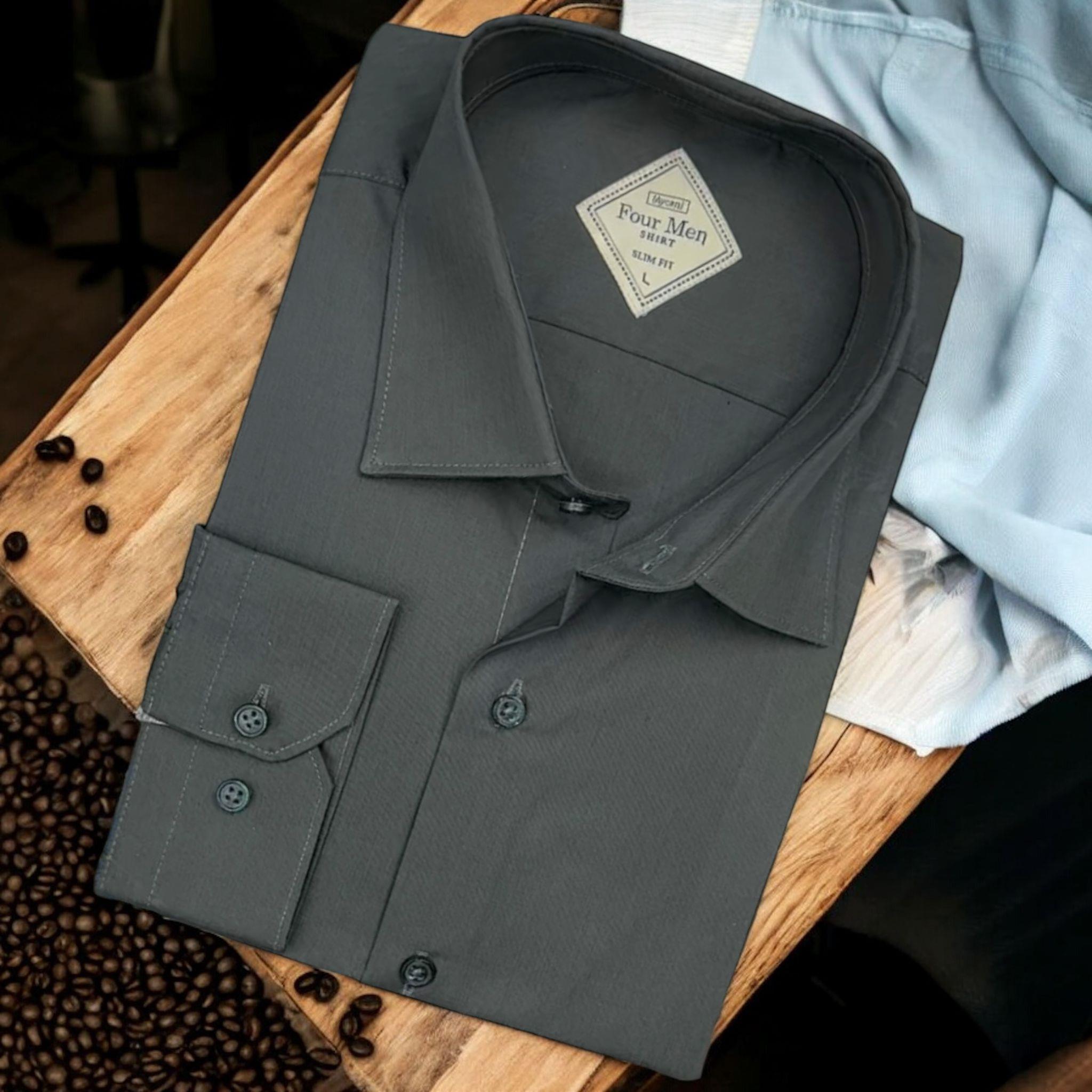 Linen Keten Klasik %100 Cotton Uzun Kollu Slim-Fit  Terletmeyen Tek Cepli Kapaklı Antrasit Gömlek (Regular Kalıp)