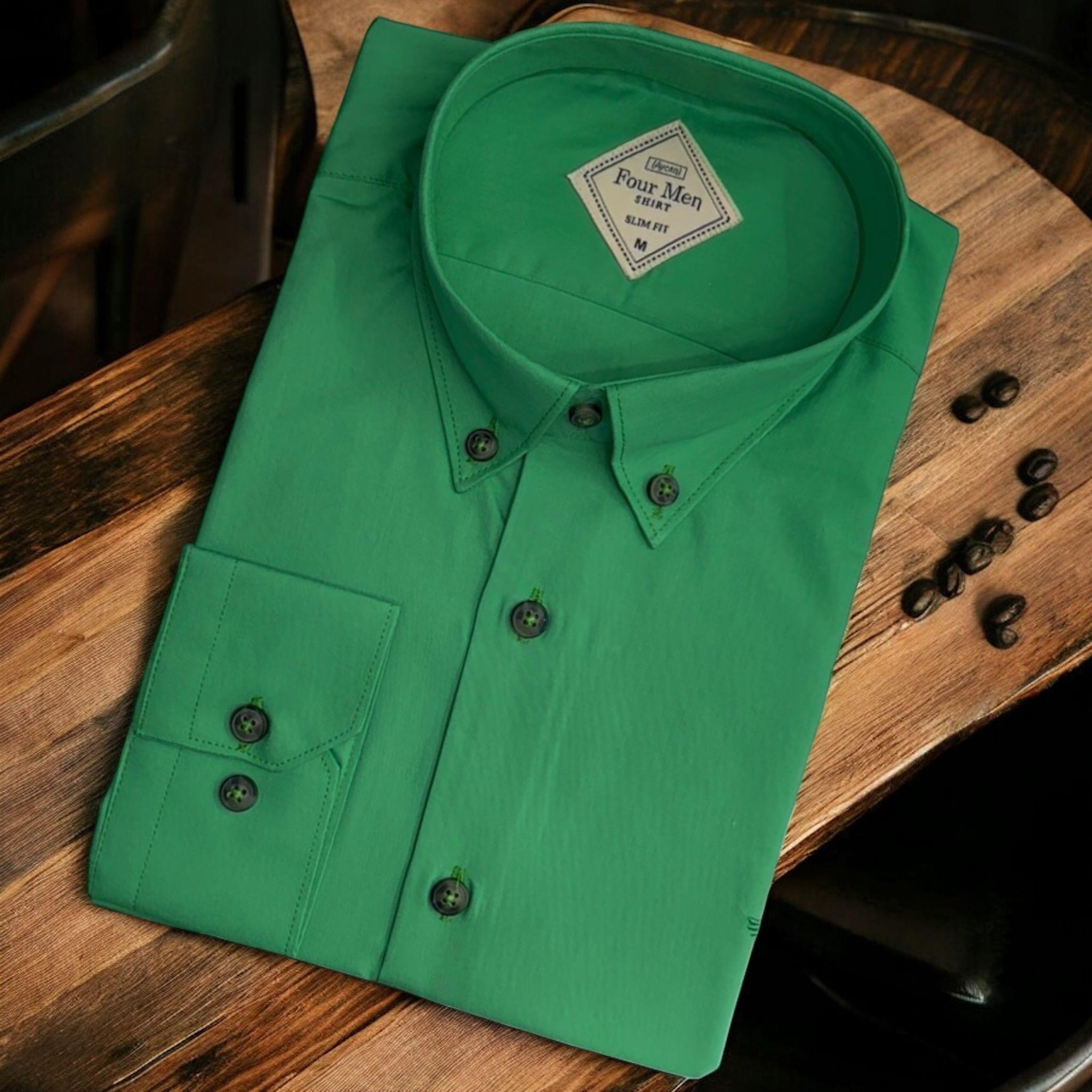 Linen Keten Klasik %100 Cotton Uzun Kollu Slim-Fit  Terletmeyen Tek Cepli Kapaklı Yeşil Gömlek (Regular Kalıp)