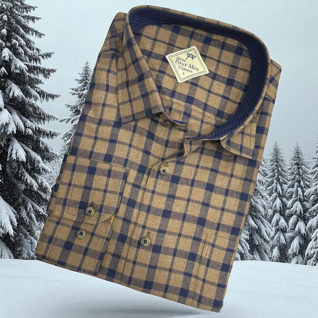 Linen Keten Klasik %100 Cotton Uzun Kollu Terletmeyen Kışlık Flanel Kumaş Kahverengi Gömlek (Regular Kalıp)