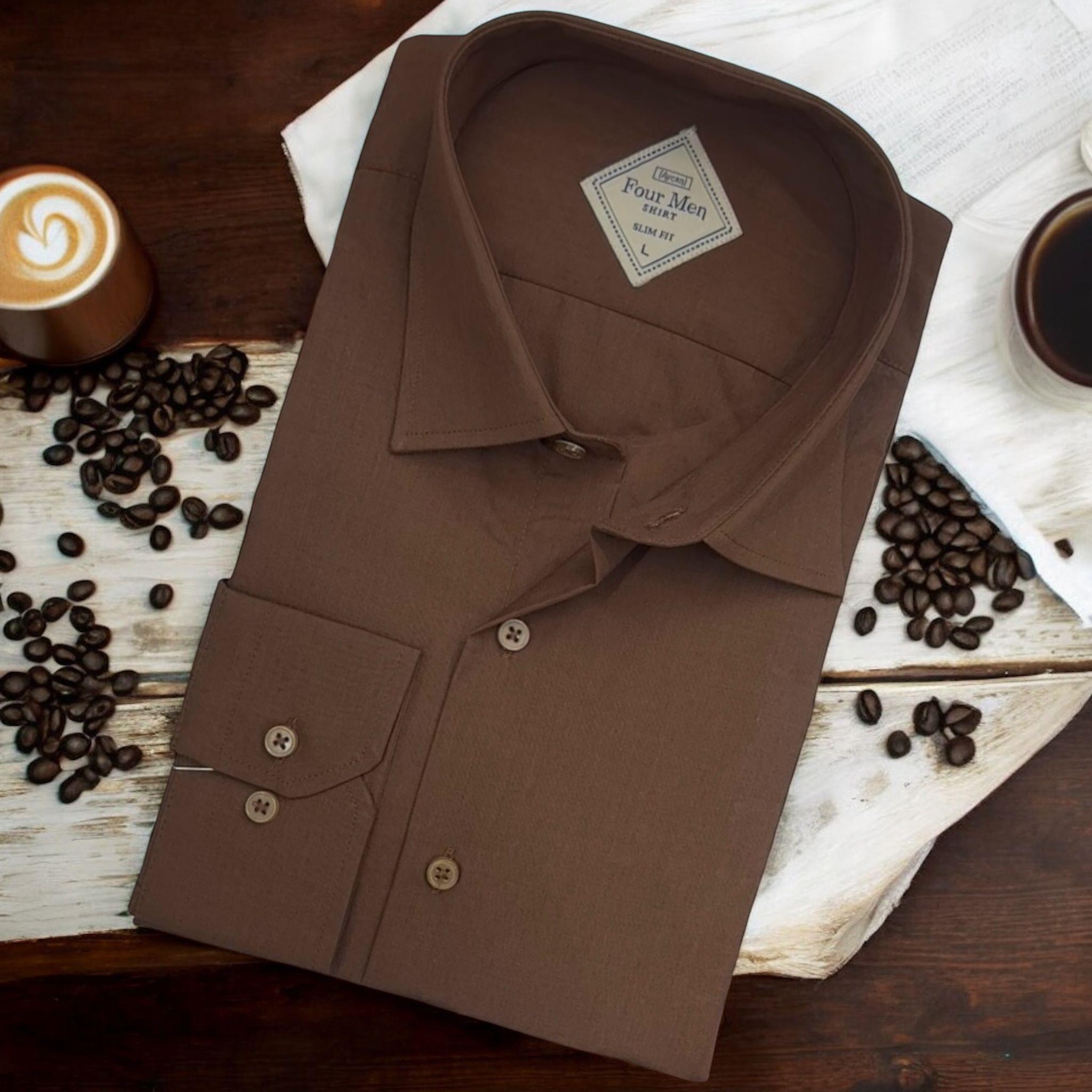 Linen Keten Klasik %100 Cotton Uzun Kollu Slim-Fit  Terletmeyen Tek Cepli Kapaklı Kahverengi Gömlek (Regular Kalıp)