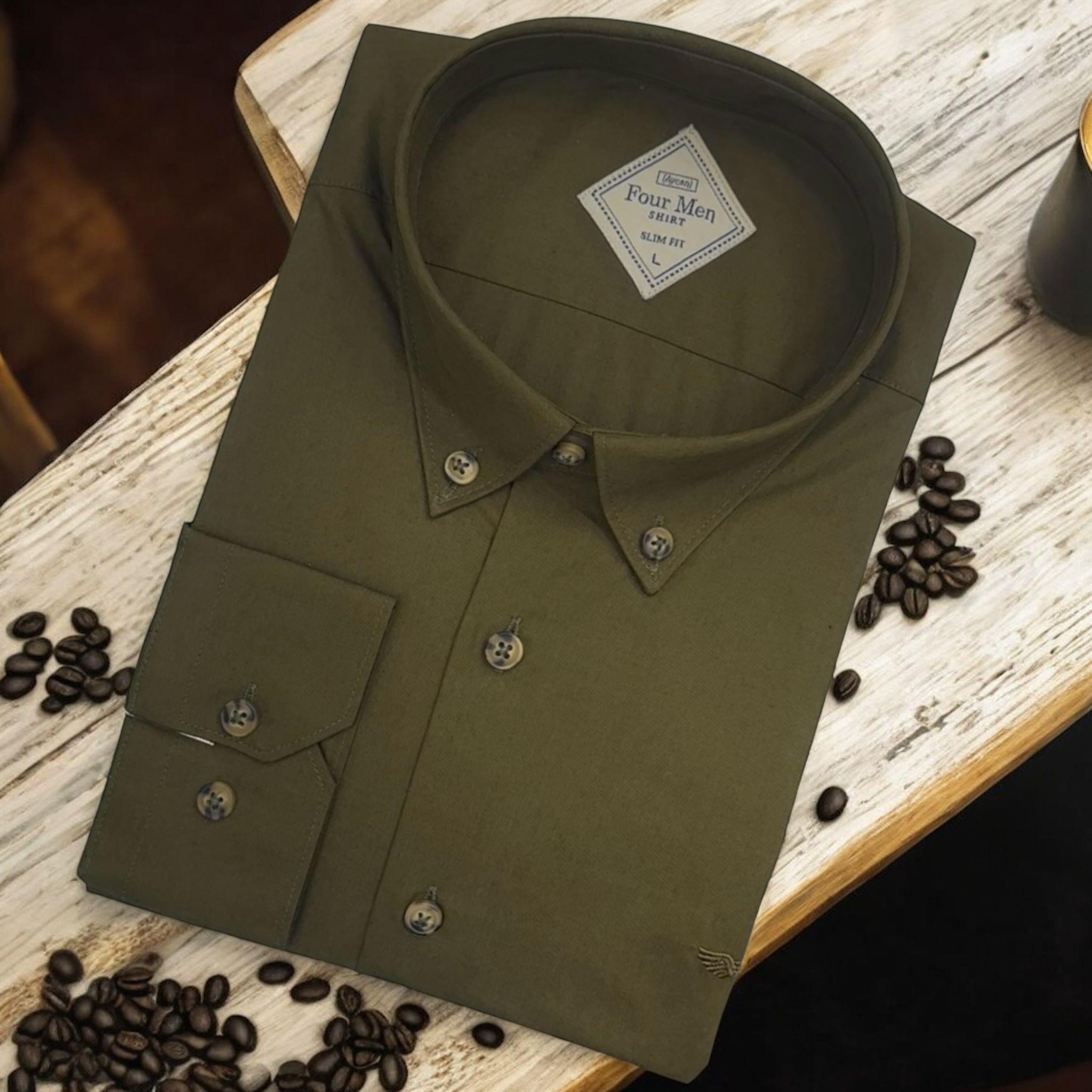 Linen Keten Klasik %100 Cotton Uzun Kollu Slim-Fit  Terletmeyen Tek Cepli Kapaklı Haki Gömlek (Regular Kalıp)