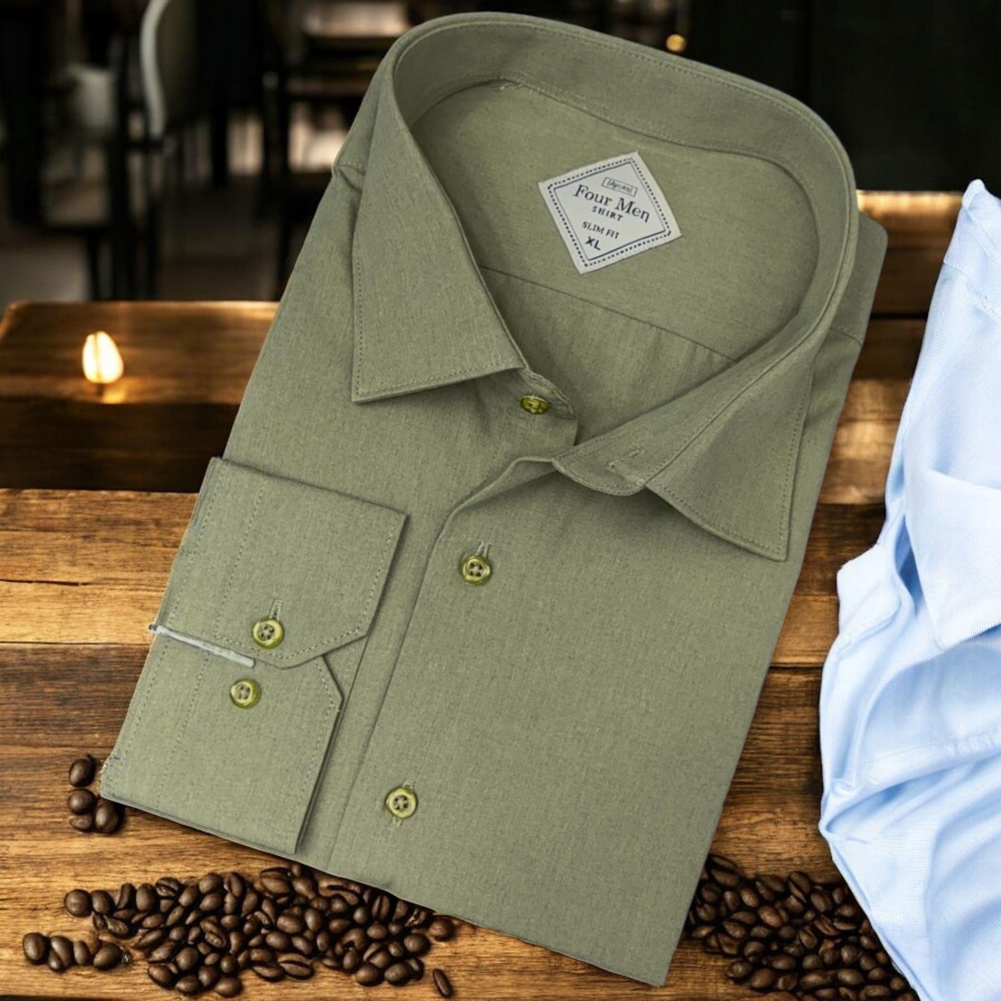 Linen Keten Klasik %100 Cotton Uzun Kollu Slim-Fit  Terletmeyen Tek Cepli Kapaklı Yeşil Gömlek (Regular Kalıp)