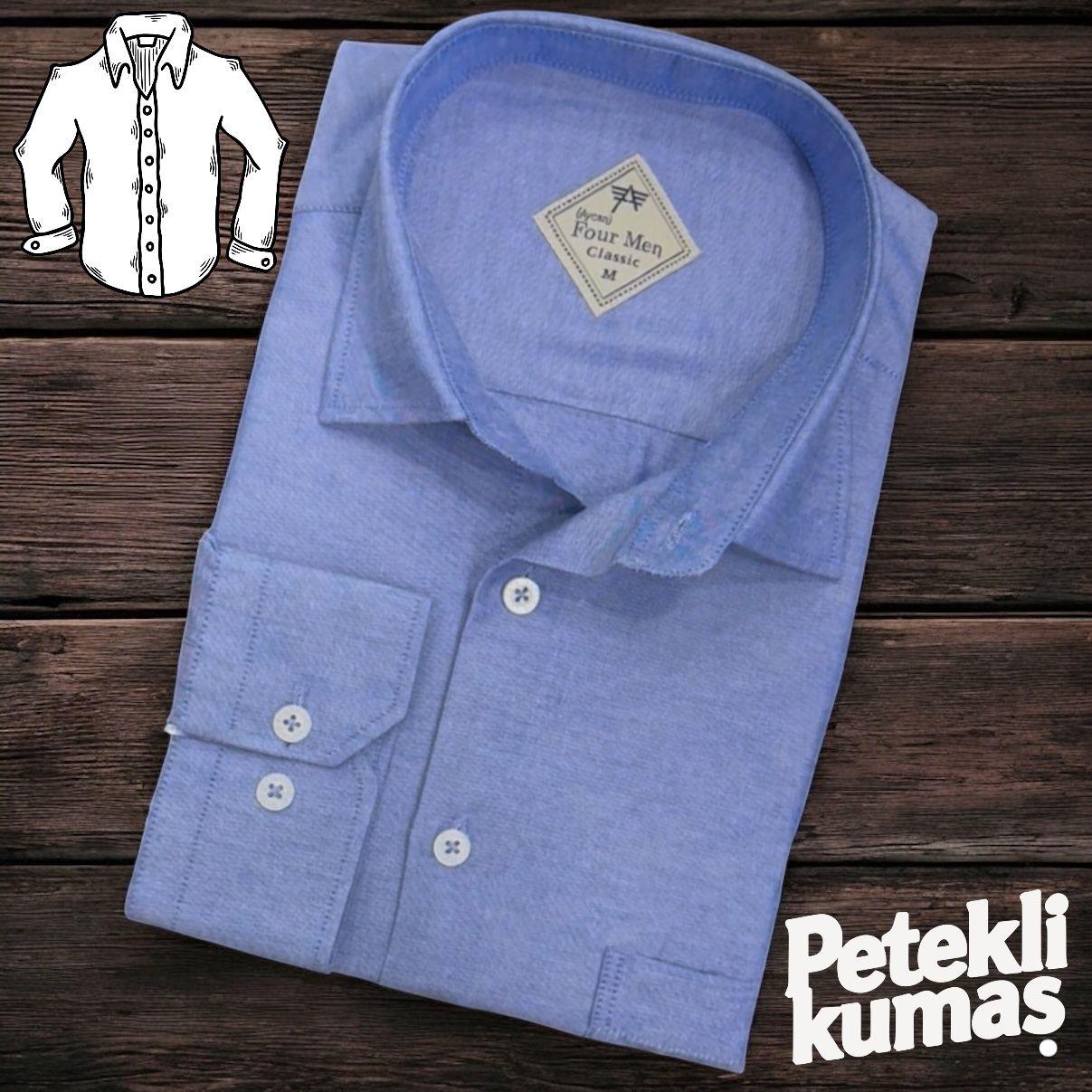 Linen Keten Klasik %100 Cotton Uzun Kollu Terletmeyen Tek Cepli Kapaklı Mavi Gömlek (Regular Kalıp)