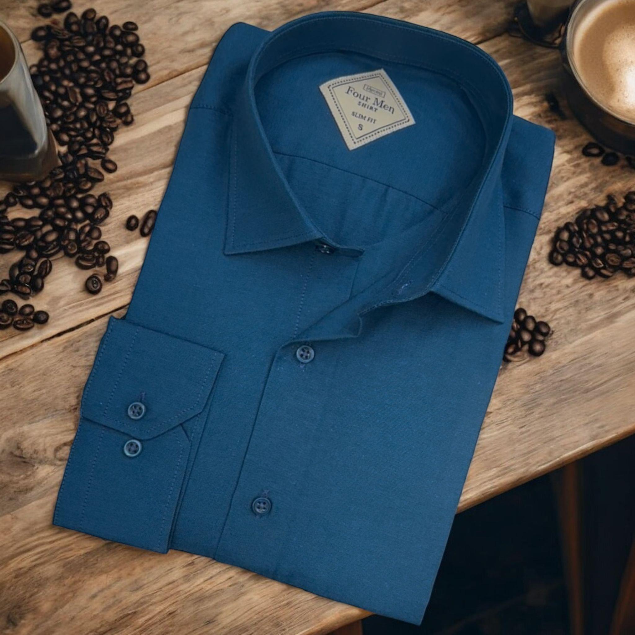 Linen Keten Klasik %100 Cotton Uzun Kollu Slim-Fit  Terletmeyen Tek Cepli Kapaklı Mavi Gömlek (Regular Kalıp)