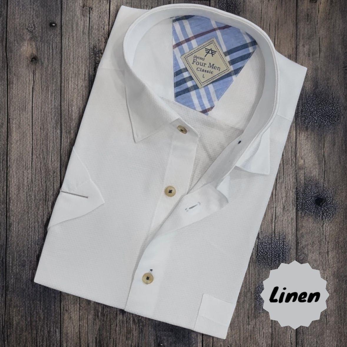 Linen Keten Klasik Kısa Kollu Beyaz Erkek Gömlek (Regular Kalıp)