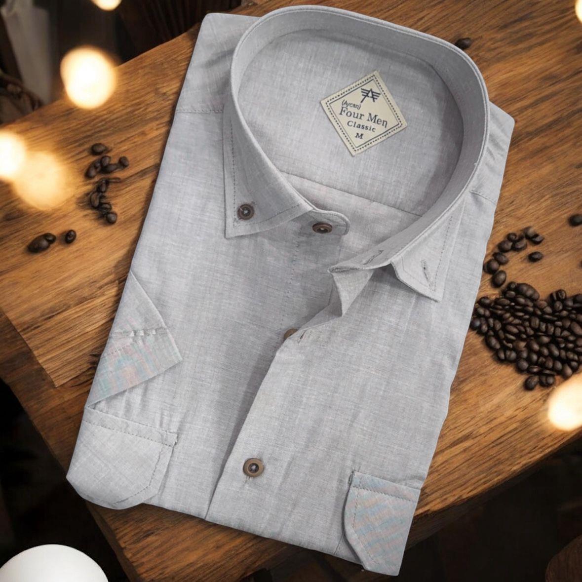 Linen Keten Klasik Kısa Kollu Gri Çift Cepli Erkek Gömlek (Regular Kalıp)