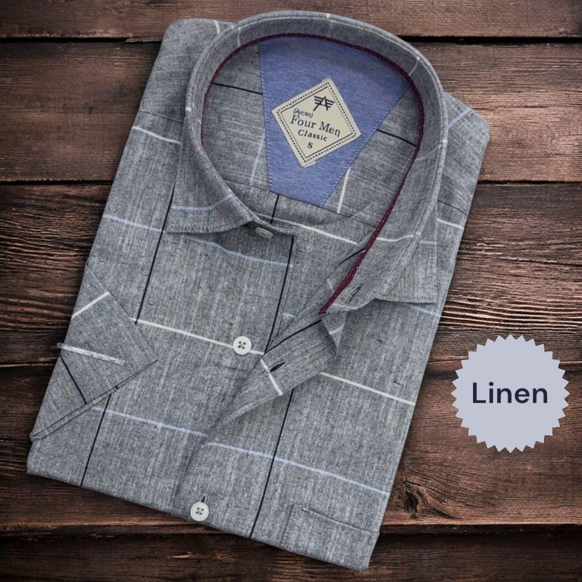 Linen Keten Klasik Kısa Kollu Gri Gömlek (Regular Kalıp)