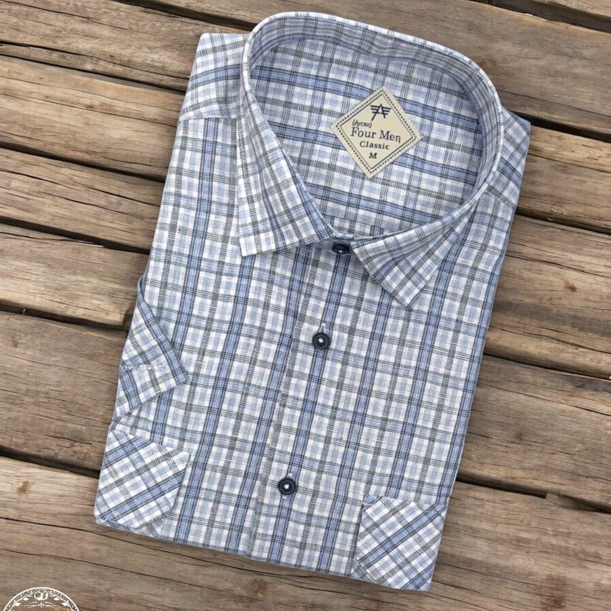 Linen Keten Klasik Kısa Kollu İki Cepli Kapaklı Mavi Baba Gömleği (Regular Kalıp)