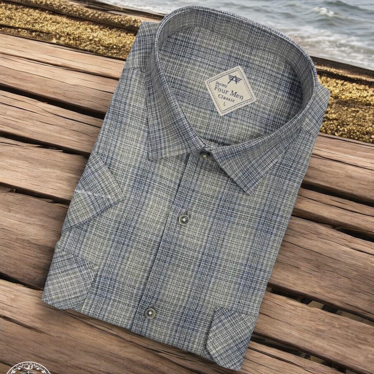 Linen Keten Klasik Kısa Kollu İki Cepli Kapaklı Yeşil Baba Gömleği (Regular Kalıp)