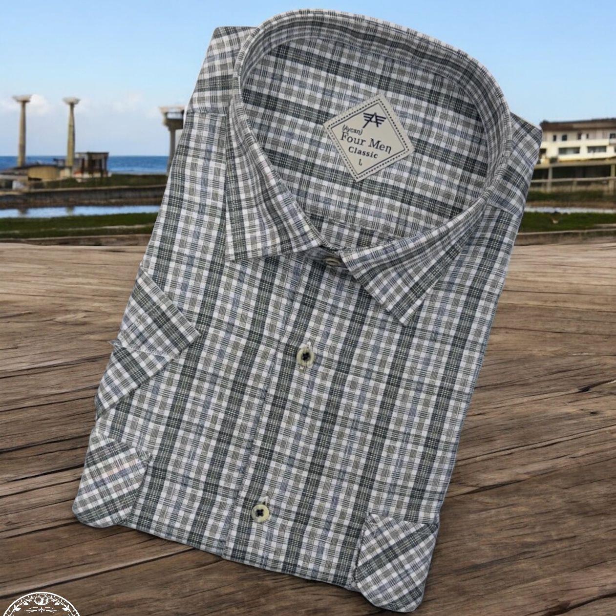 Linen Keten Klasik Kısa Kollu İki Cepli Kapaklı Gri Baba Gömleği (Regular Kalıp)
