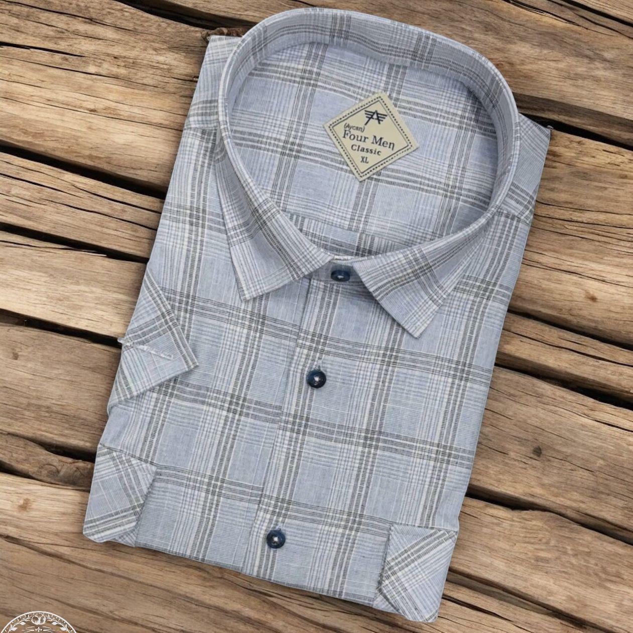 Linen Keten Klasik Kısa Kollu İki Cepli Kapaklı Mavi Baba Gömleği (Regular Kalıp)