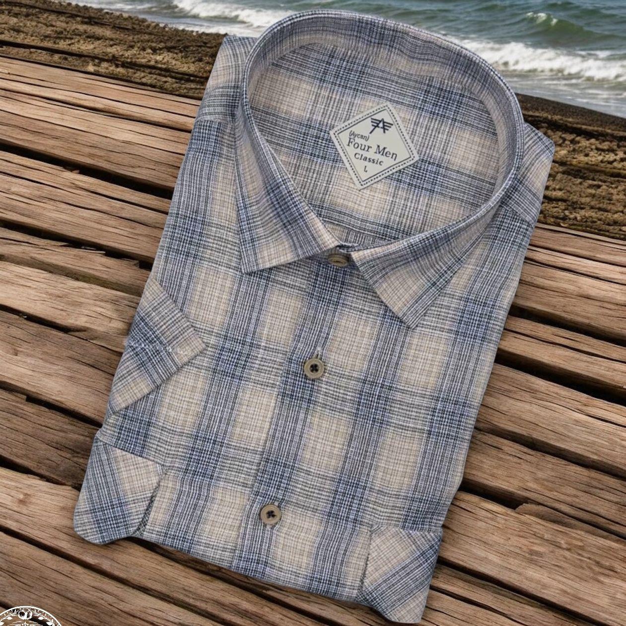 Linen Keten Klasik Kısa Kollu İki Cepli Kapaklı Krem Baba Gömleği (Regular Kalıp)