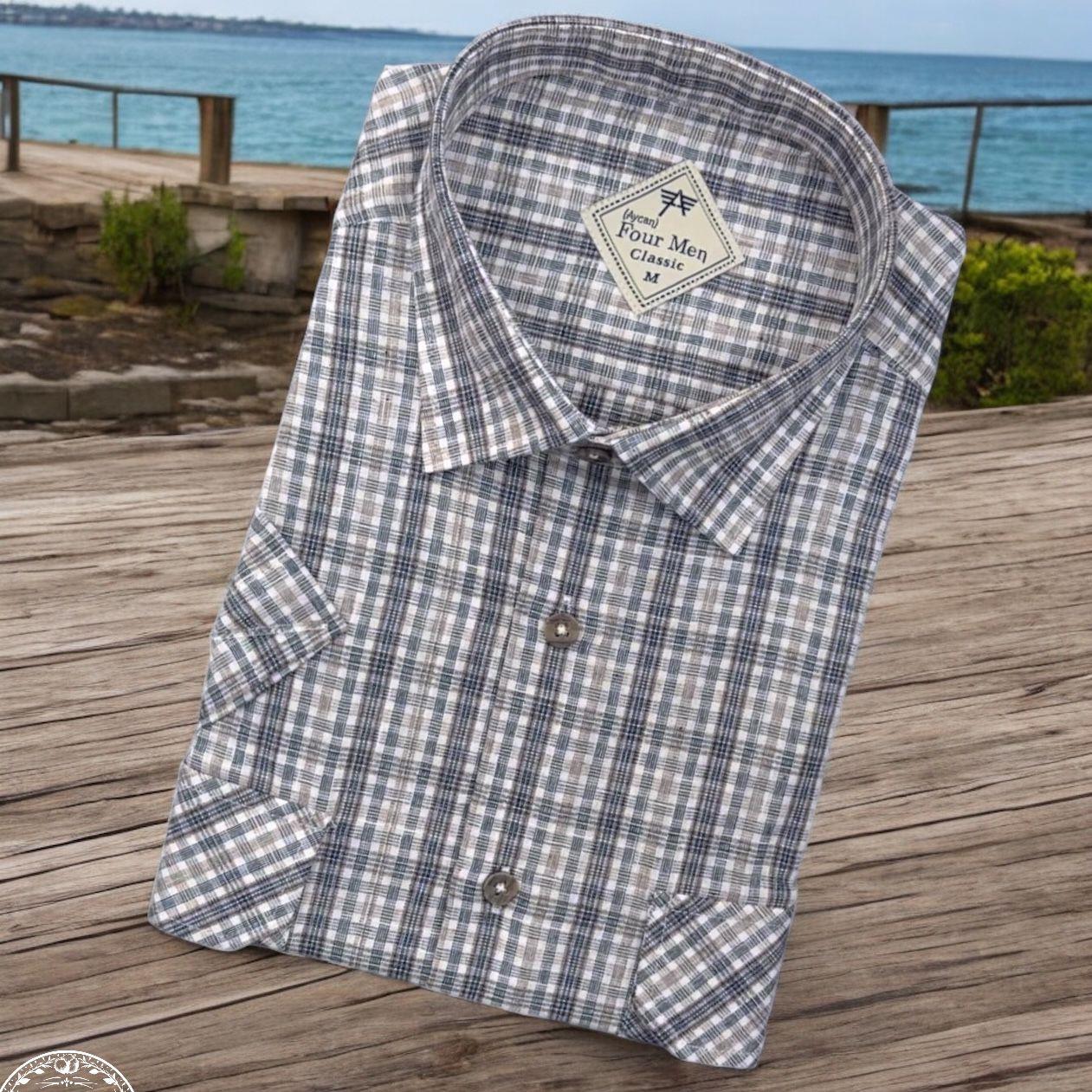 Linen Keten Klasik Kısa Kollu İki Cepli Kapaklı Beyaz Baba Gömleği (Regular Kalıp)