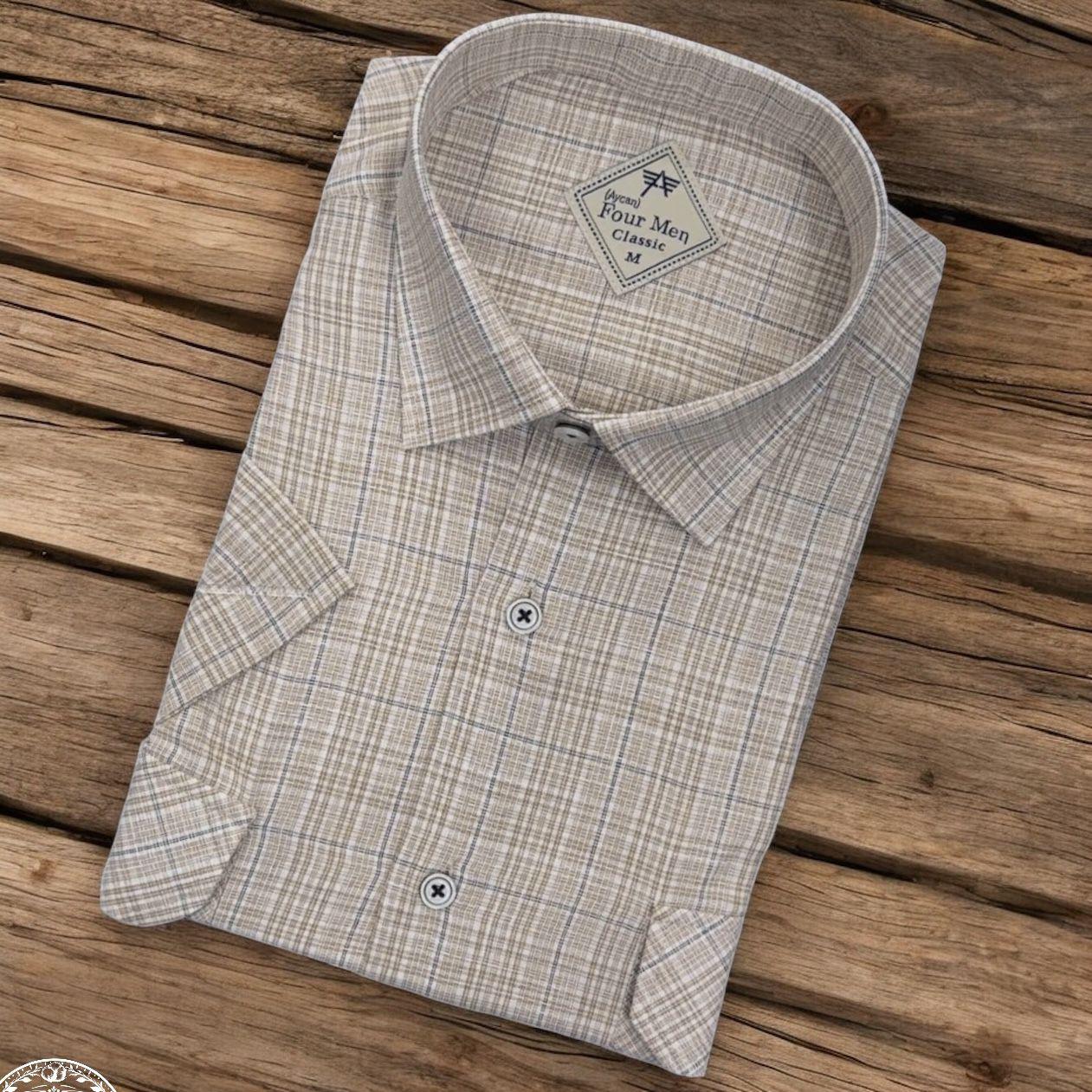 Linen Keten Klasik Kısa Kollu İki Cepli Kapaklı Krem Baba Gömleği (Regular Kalıp)