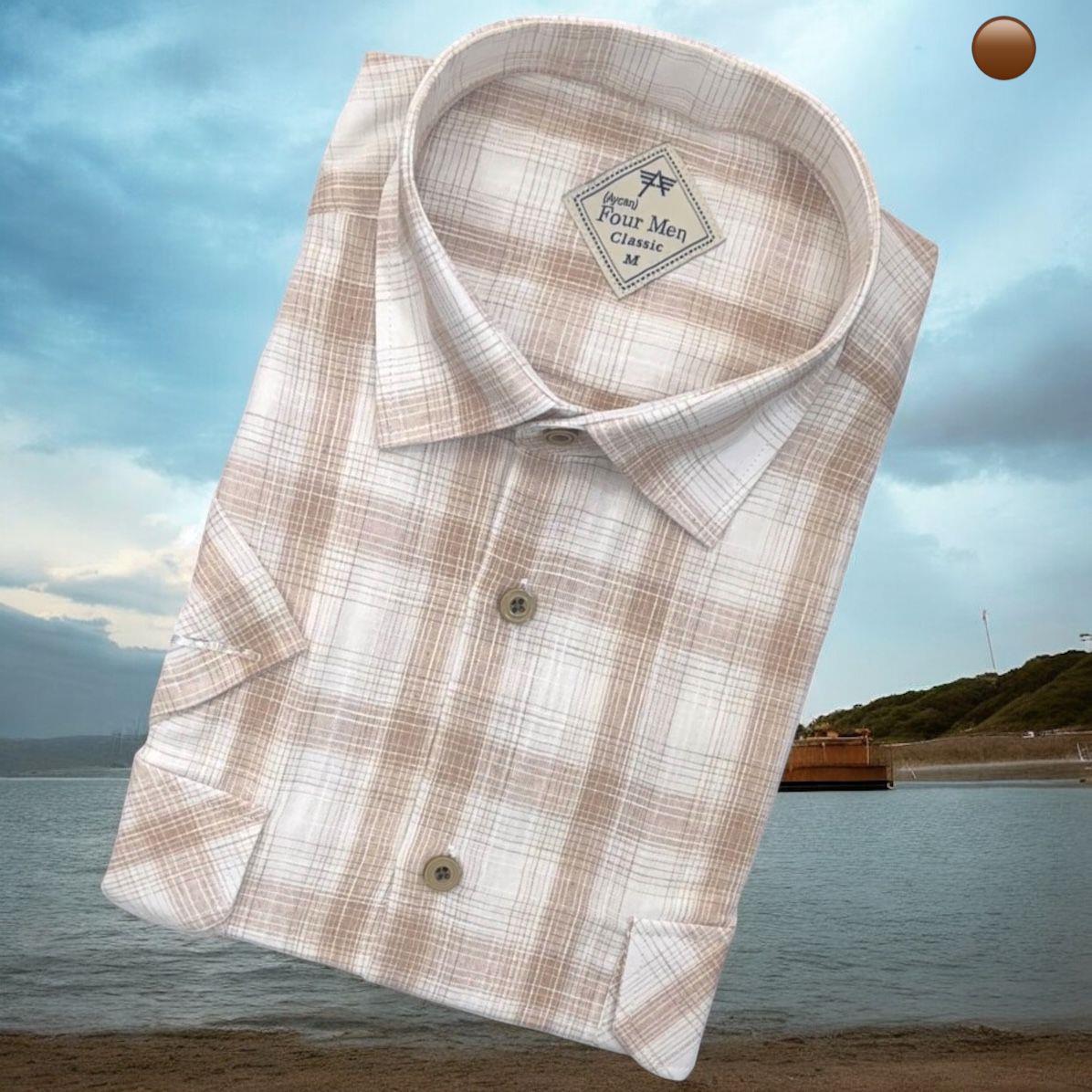 Linen Keten Klasik Kısa Kollu İki Cepli Kapaklı Beyaz Baba Gömleği (Regular Kalıp)