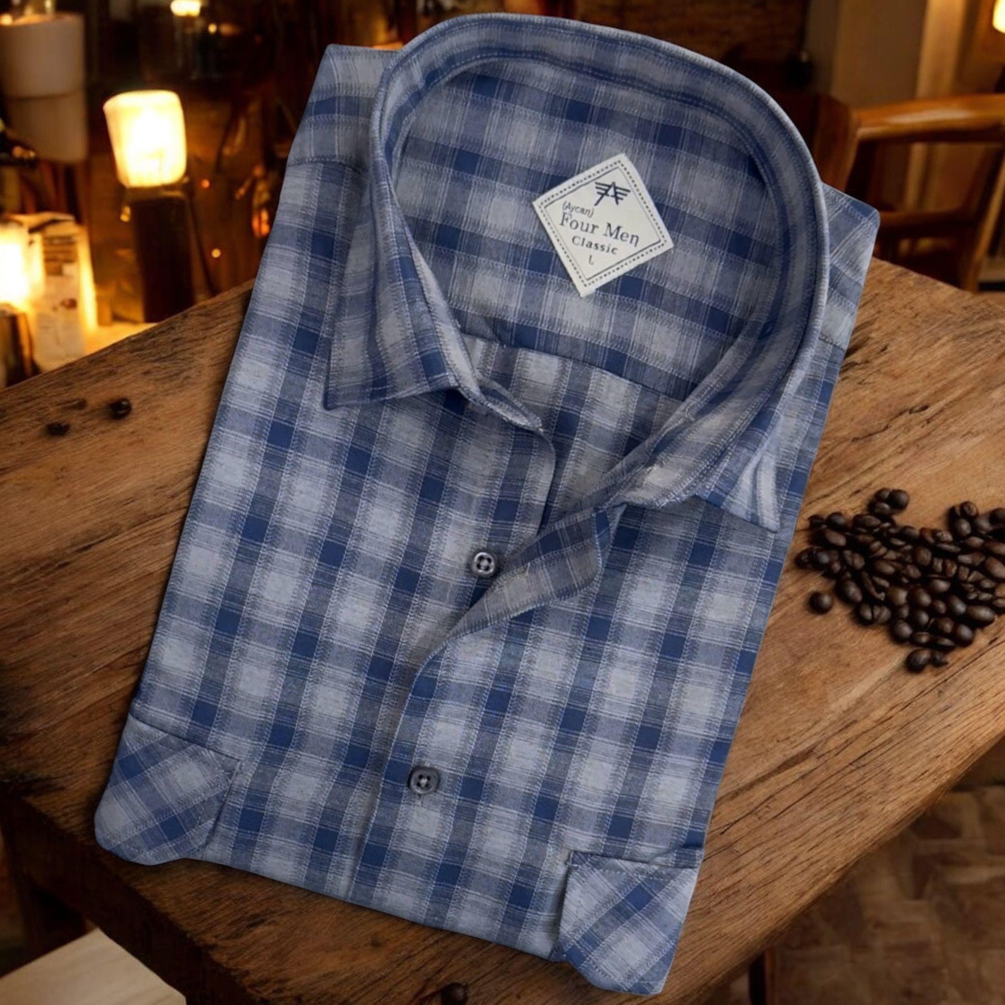 Linen Keten Klasik Kısa Kollu İki Cepli Kapaklı Mavi Baba Gömleği (Regular Kalıp)