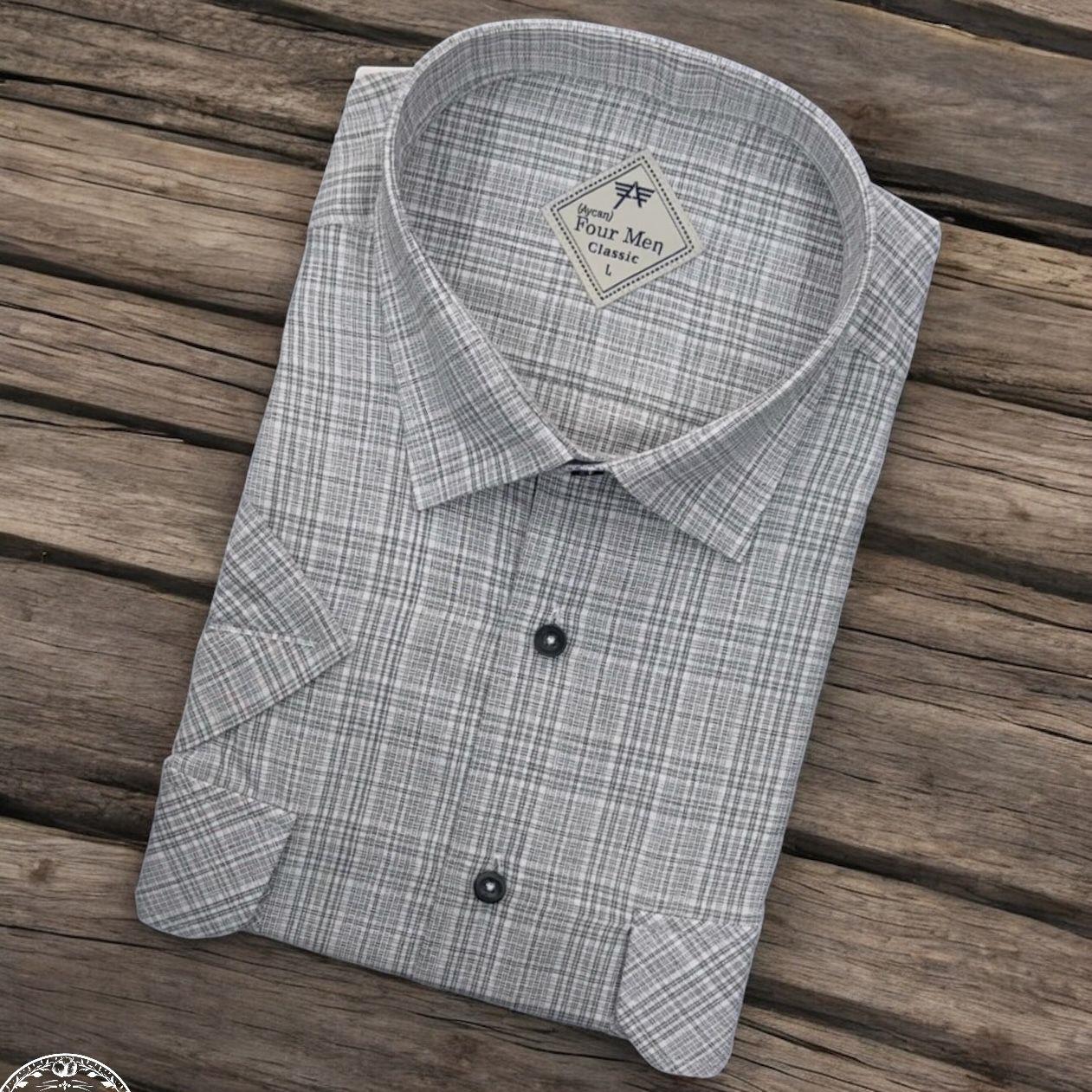 Linen Keten Klasik Kısa Kollu İki Cepli Kapaklı Ekru Baba Gömleği (Regular Kalıp)