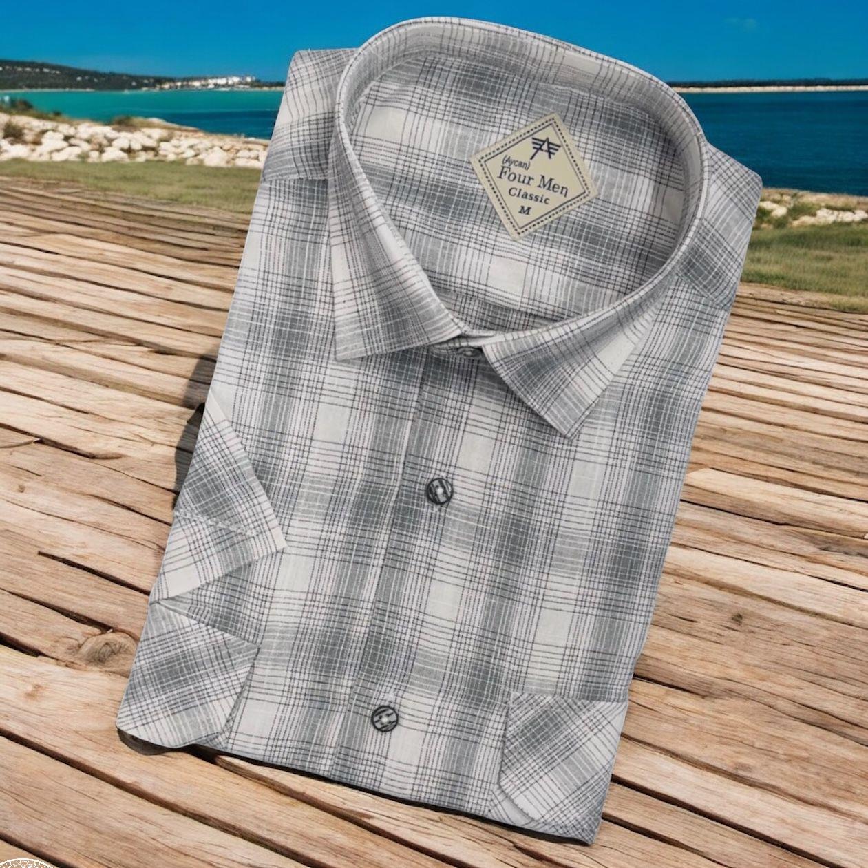 Linen Keten Klasik Kısa Kollu İki Cepli Kapaklı Gri Baba Gömleği (Regular Kalıp)