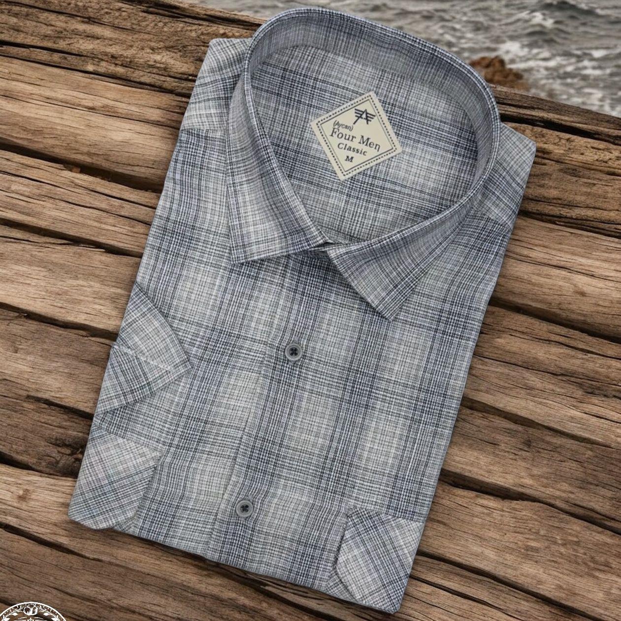 Linen Keten Klasik Kısa Kollu İki Cepli Kapaklı Gri Baba Gömleği (Regular Kalıp)