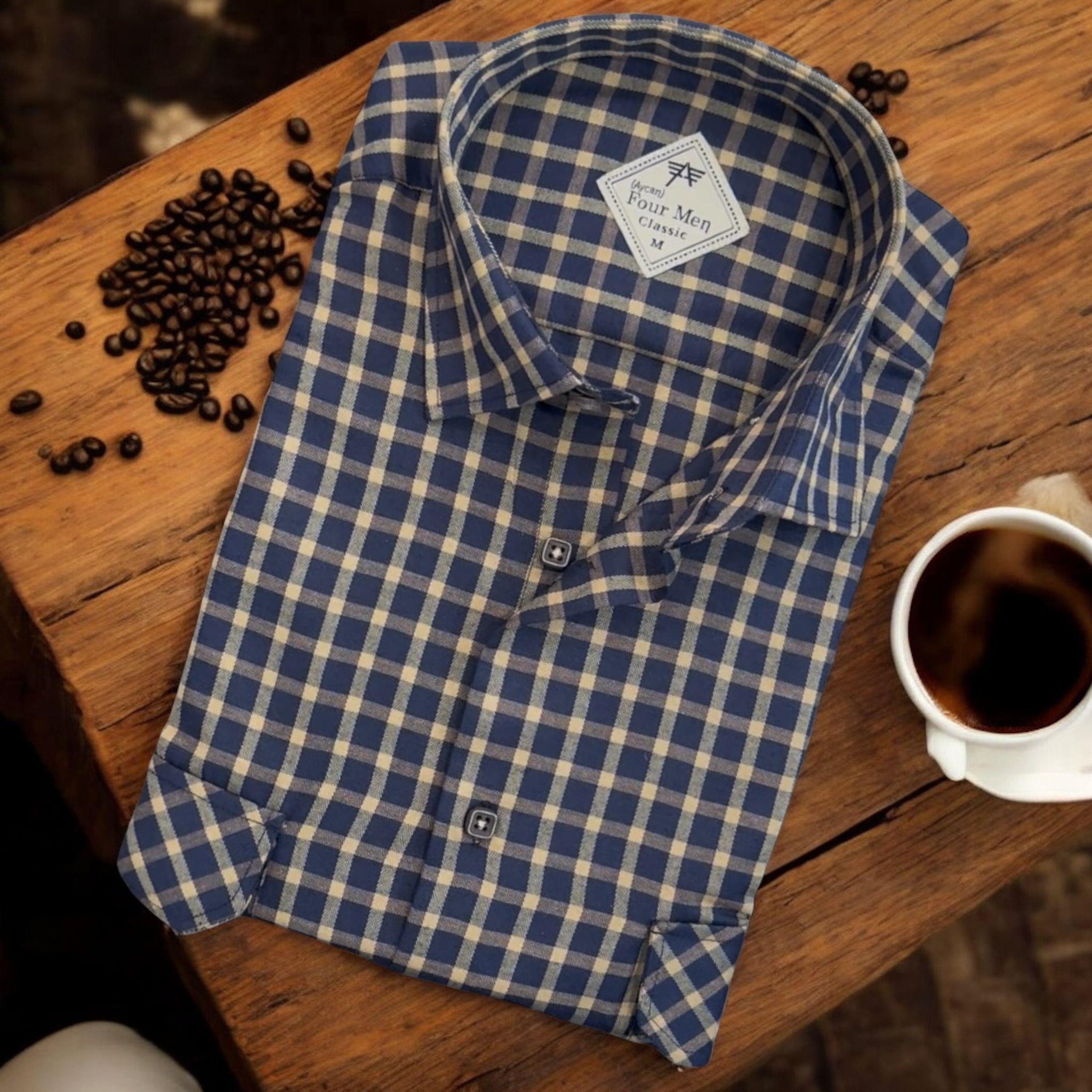 Linen Keten Klasik Kısa Kollu İki Cepli Kapaklı Mavi Baba Gömleği (Regular Kalıp)