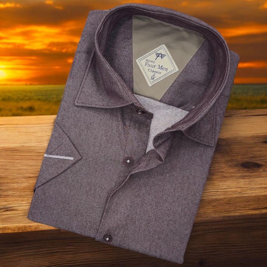 Linen Keten Klasik Kısa Kollu Kahverengi Erkek Gömlek (Regular Kalıp)