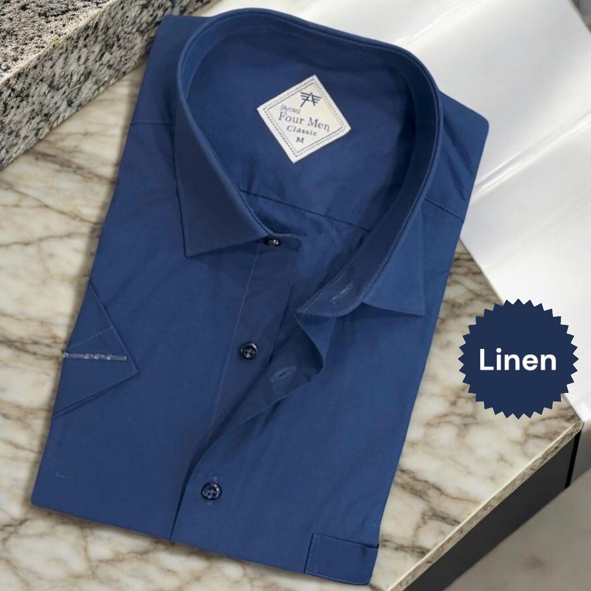 Linen Keten Klasik Kısa Kollu Lacivert Erkek Gömlek (Regular Kalıp)