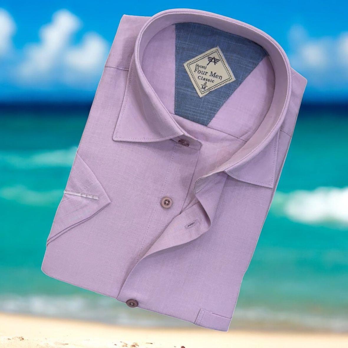 Linen Keten Klasik Kısa Kollu Lila Erkek Gömlek (Regular Kalıp)