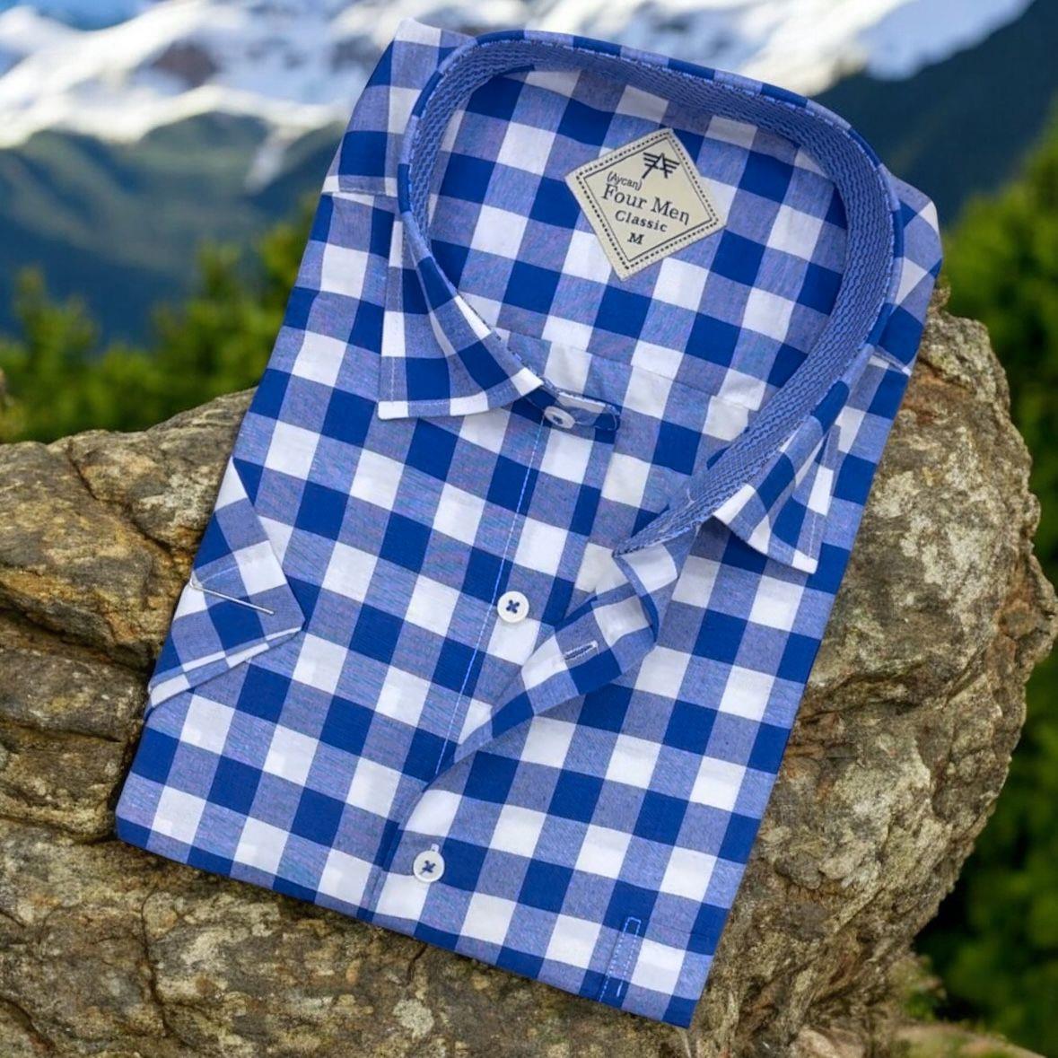Linen Keten Klasik Kısa Kollu Mavi Çift Cepli Erkek Gömlek (Regular Kalıp)