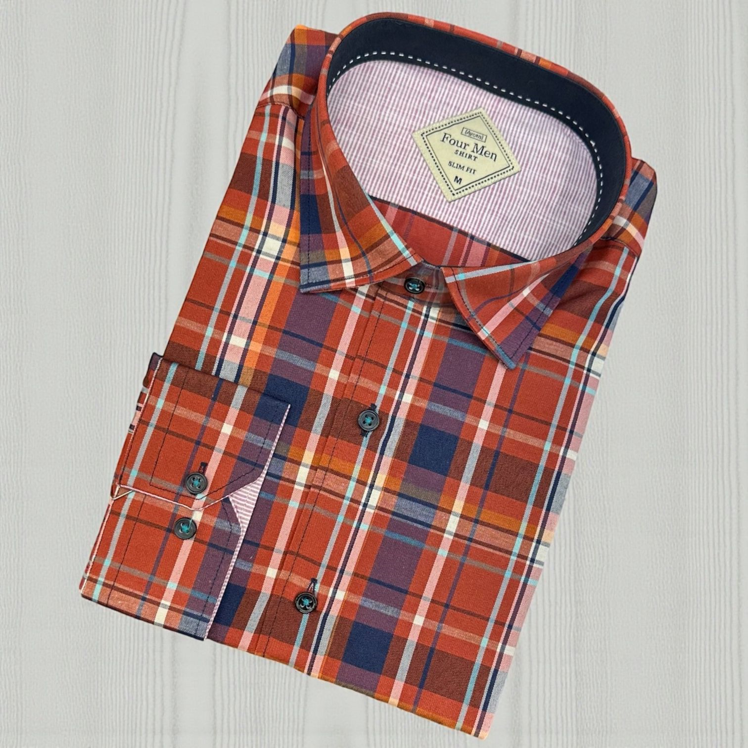 Linen Uzun Kol Kareli Pamuklu Yakası Gizli Düğmeli Gömlek (Slim Fit Kalıp)