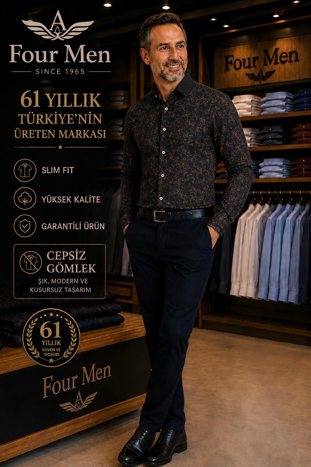 Orjinal Baskılı Pamuklu Poplin Slim Fit Kalıp Uzun Kollu Cepsiz Erkek Gömlek 