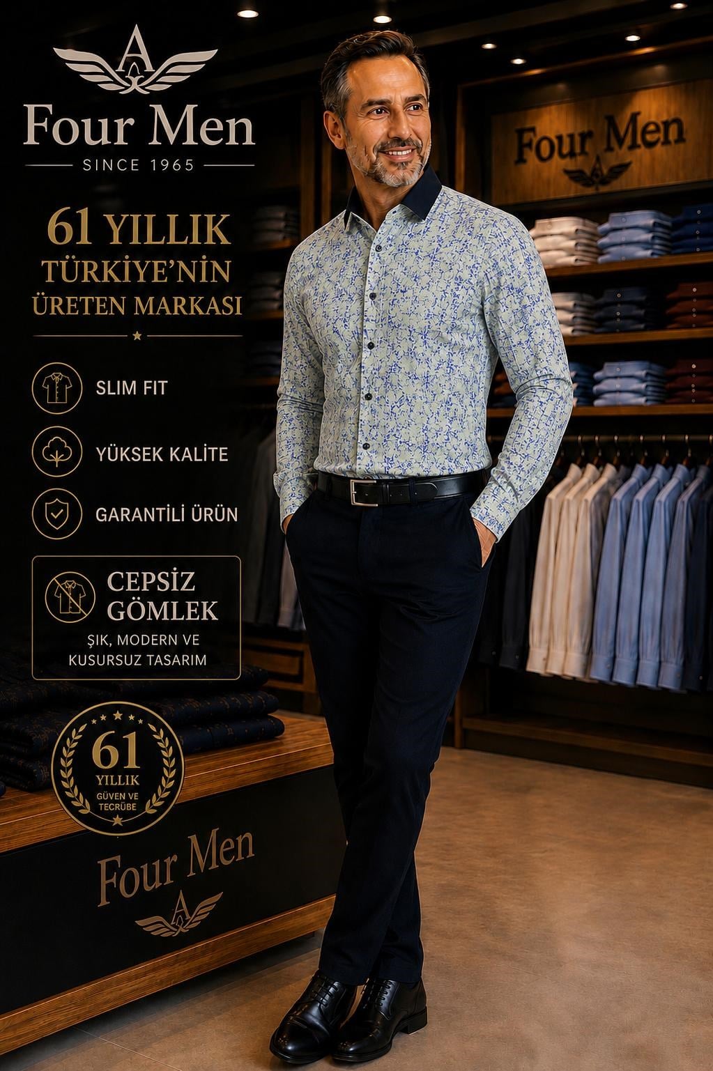 Orjinal Baskılı Pamuklu Poplin Slim Fit Kalıp Uzun Kollu Cepsiz Erkek Gömlek 