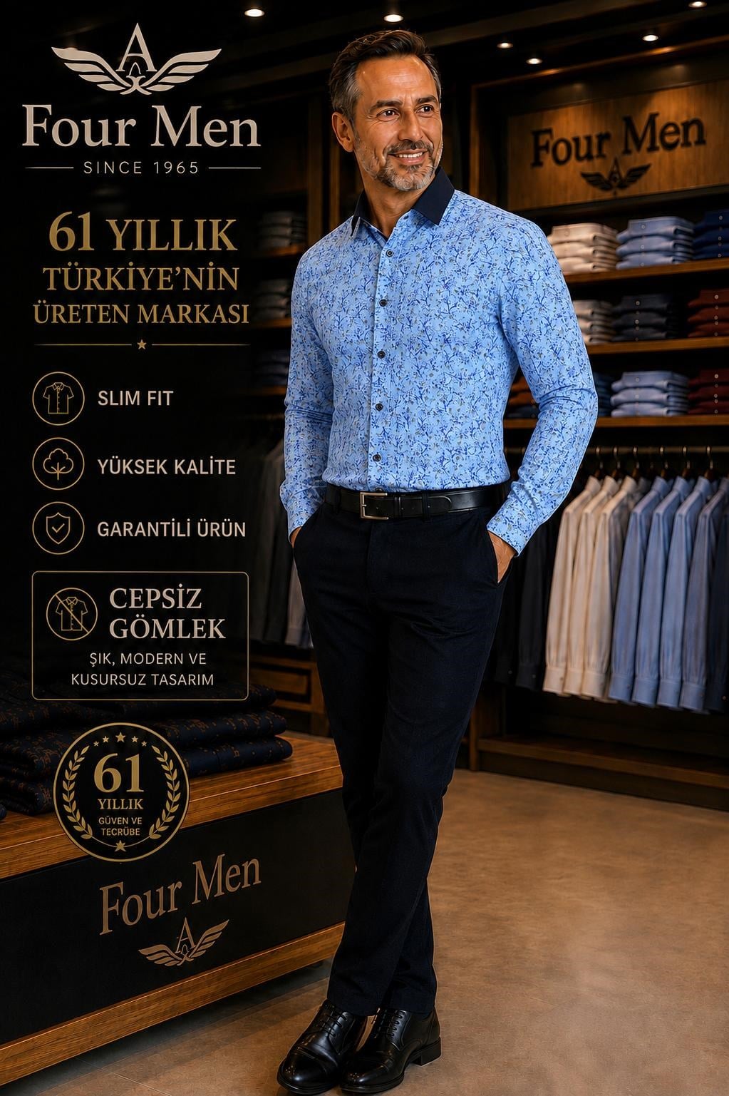Orjinal Baskılı Pamuklu Poplin Slim Fit Kalıp Uzun Kollu Cepsiz Erkek Gömlek 