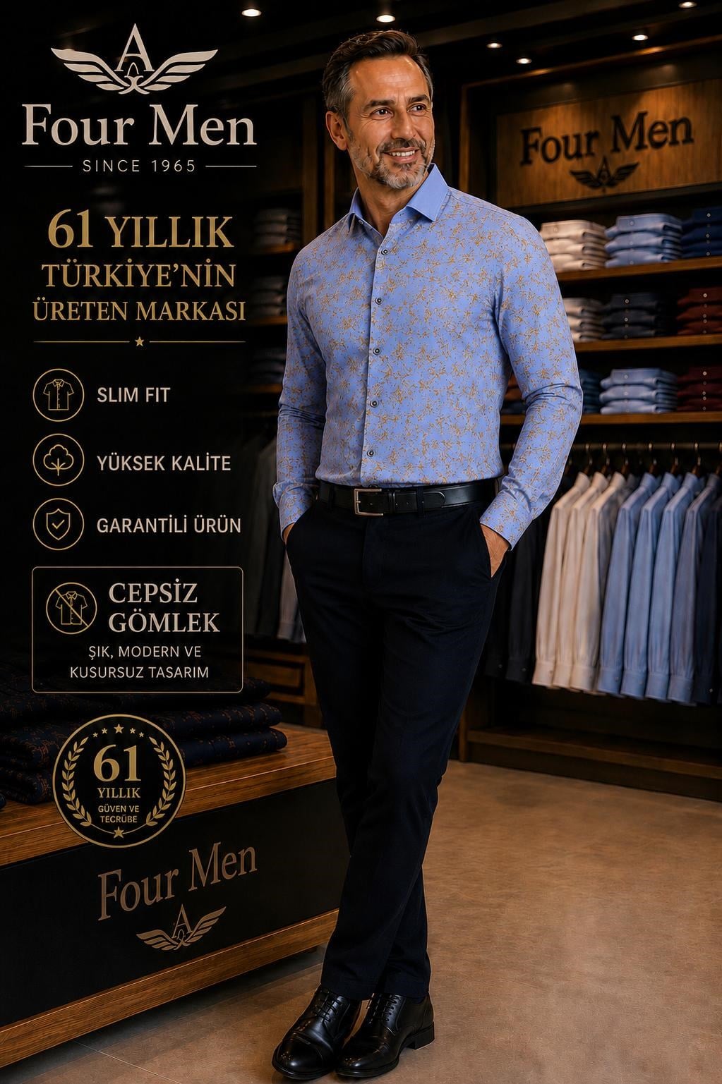 Orjinal Baskılı Pamuklu Poplin Slim Fit Kalıp Uzun Kollu Cepsiz Erkek Gömlek 