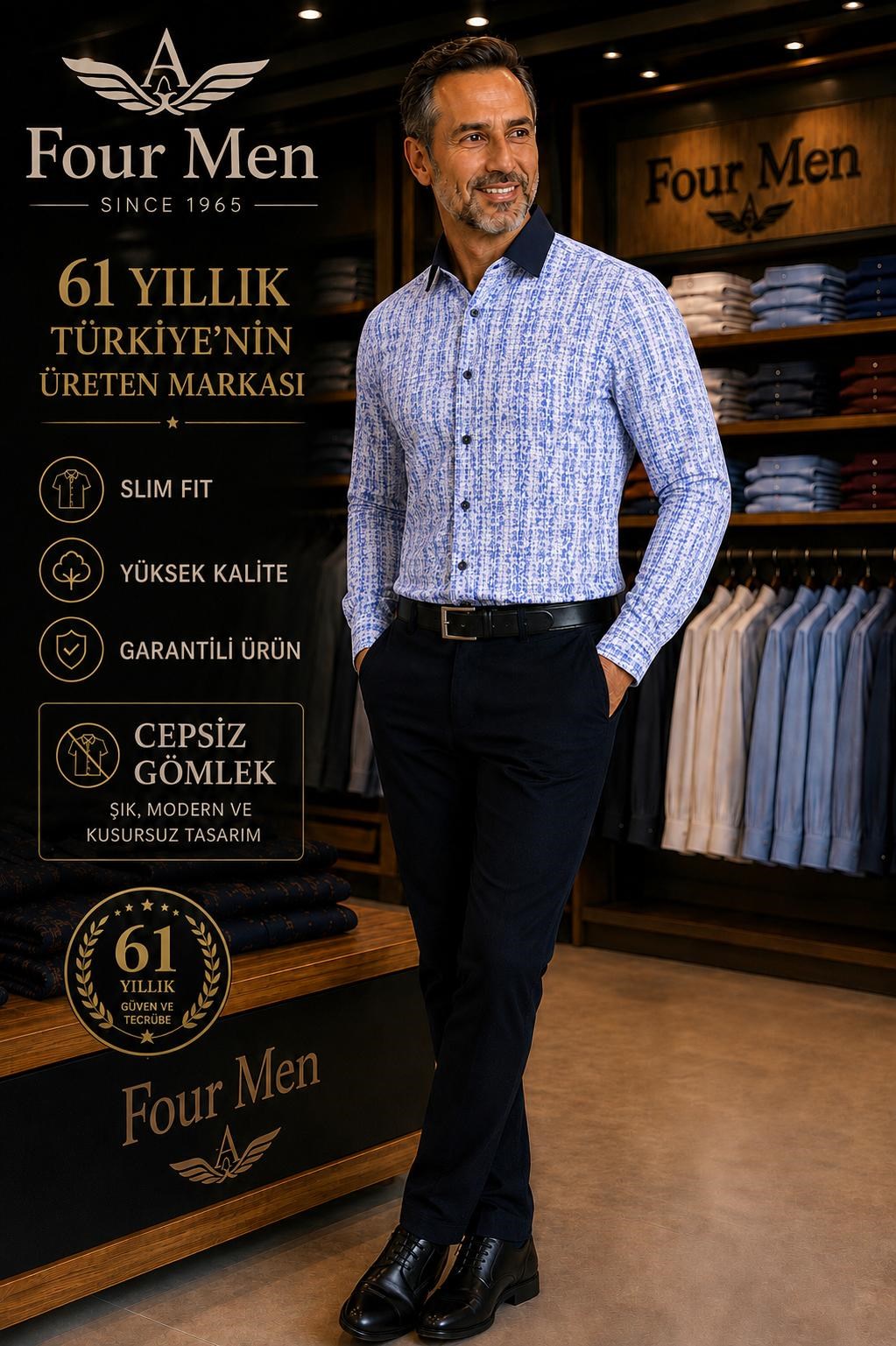 Orjinal Baskılı Pamuklu Slim Fit Kalıp Uzun Kollu Cepsiz Erkek Gömlek 