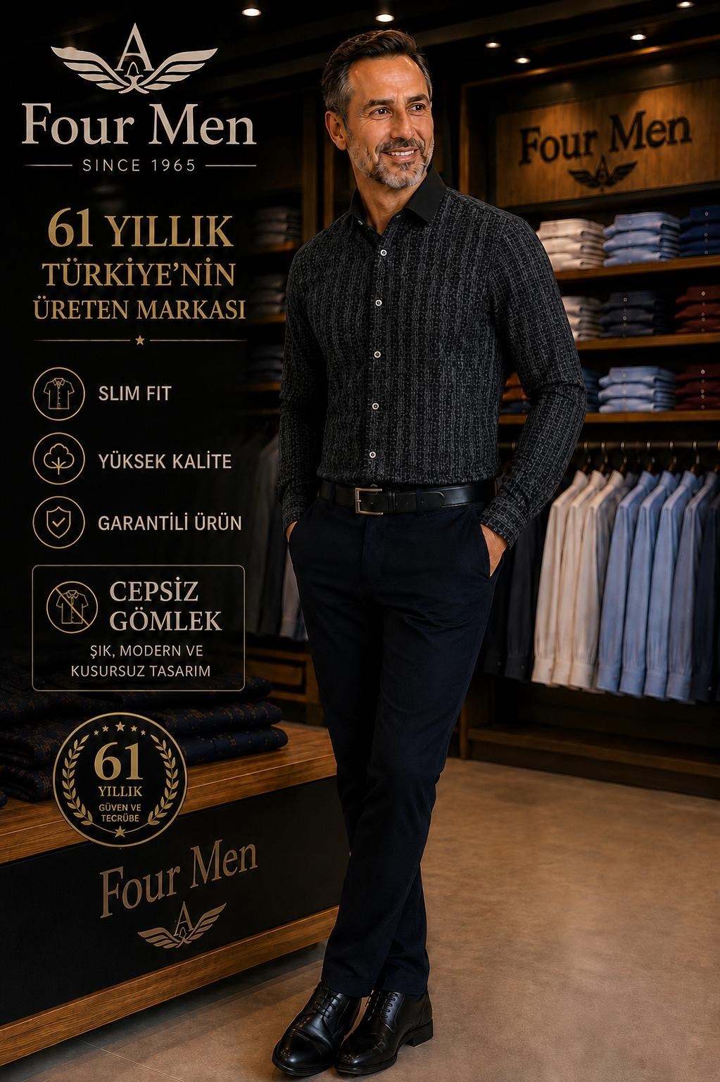 Orjinal Baskılı Pamuklu Slim Fit Kalıp Uzun Kollu Cepsiz Erkek Gömlek 