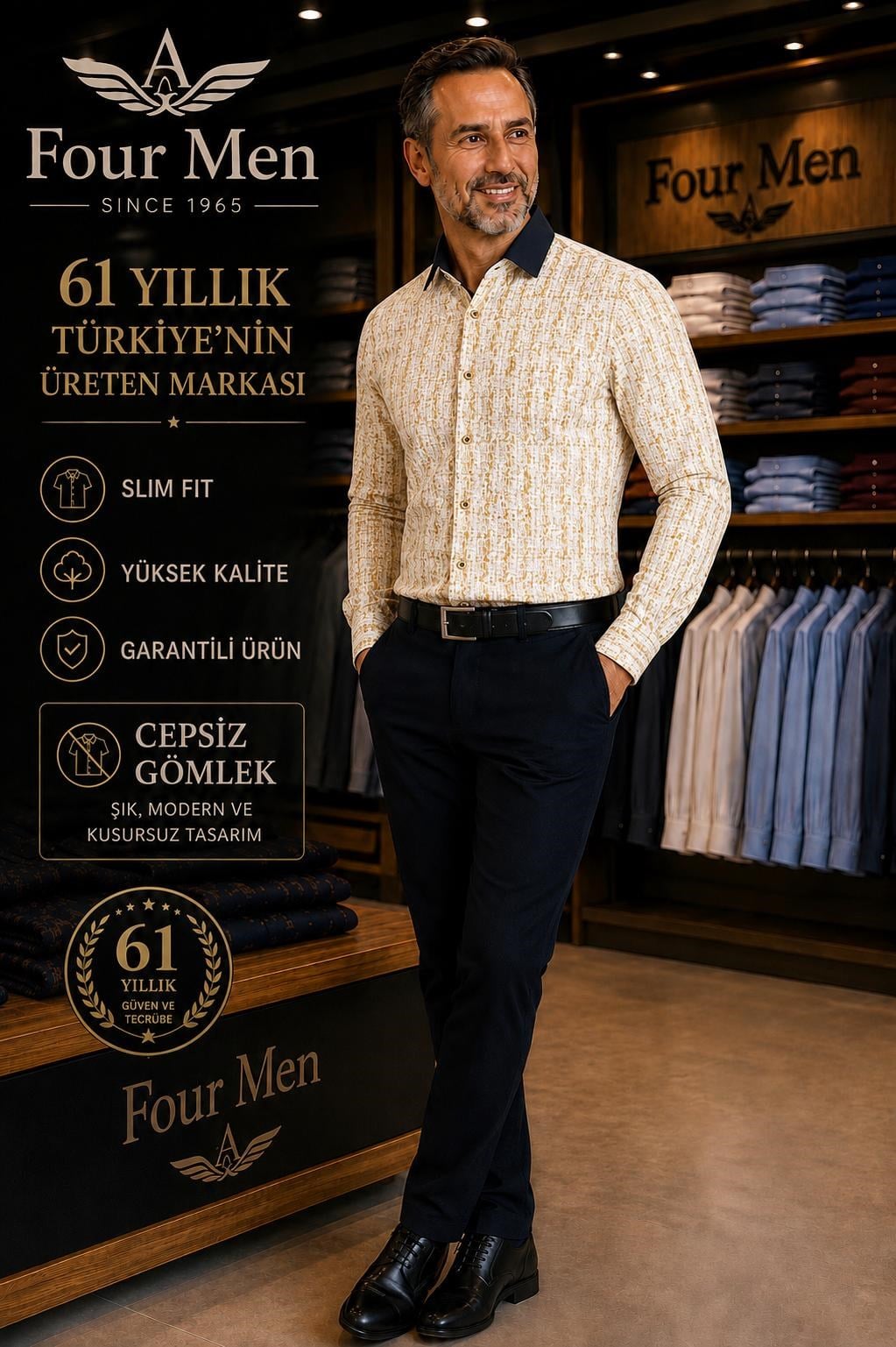 Orjinal Baskılı Pamuklu Slim Fit Kalıp Uzun Kollu Cepsiz Erkek Gömlek 