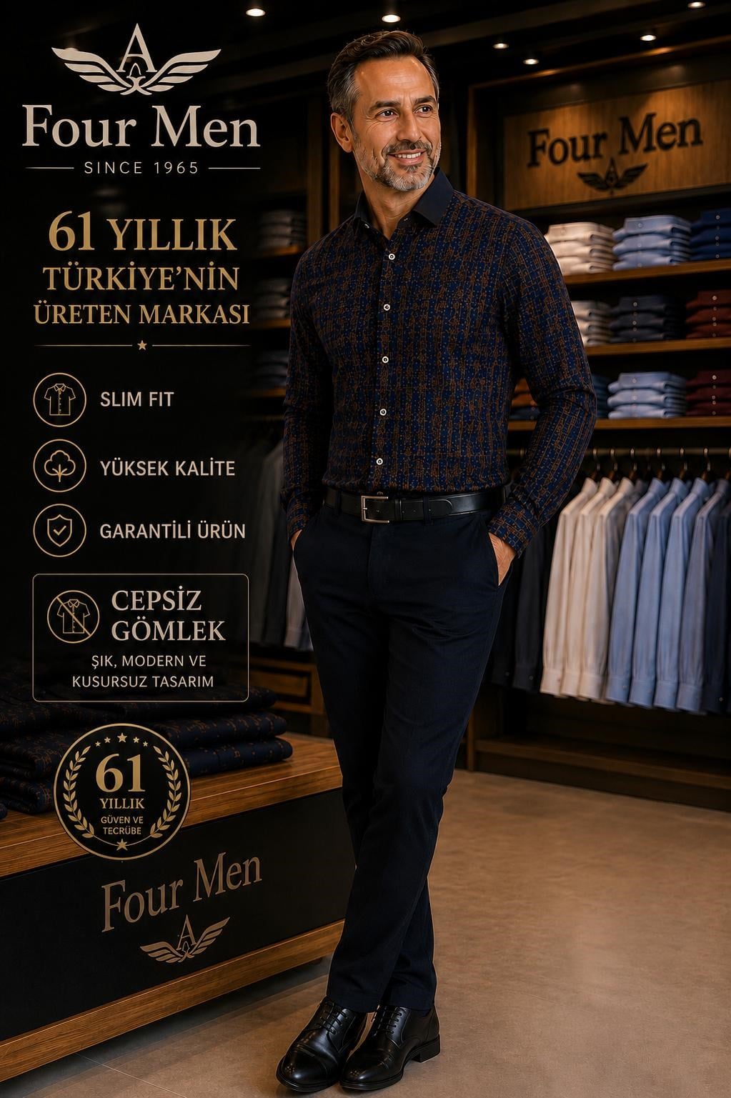 Orjinal Baskılı Pamuklu Slim Fit Kalıp Uzun Kollu Cepsiz Erkek Gömlek 