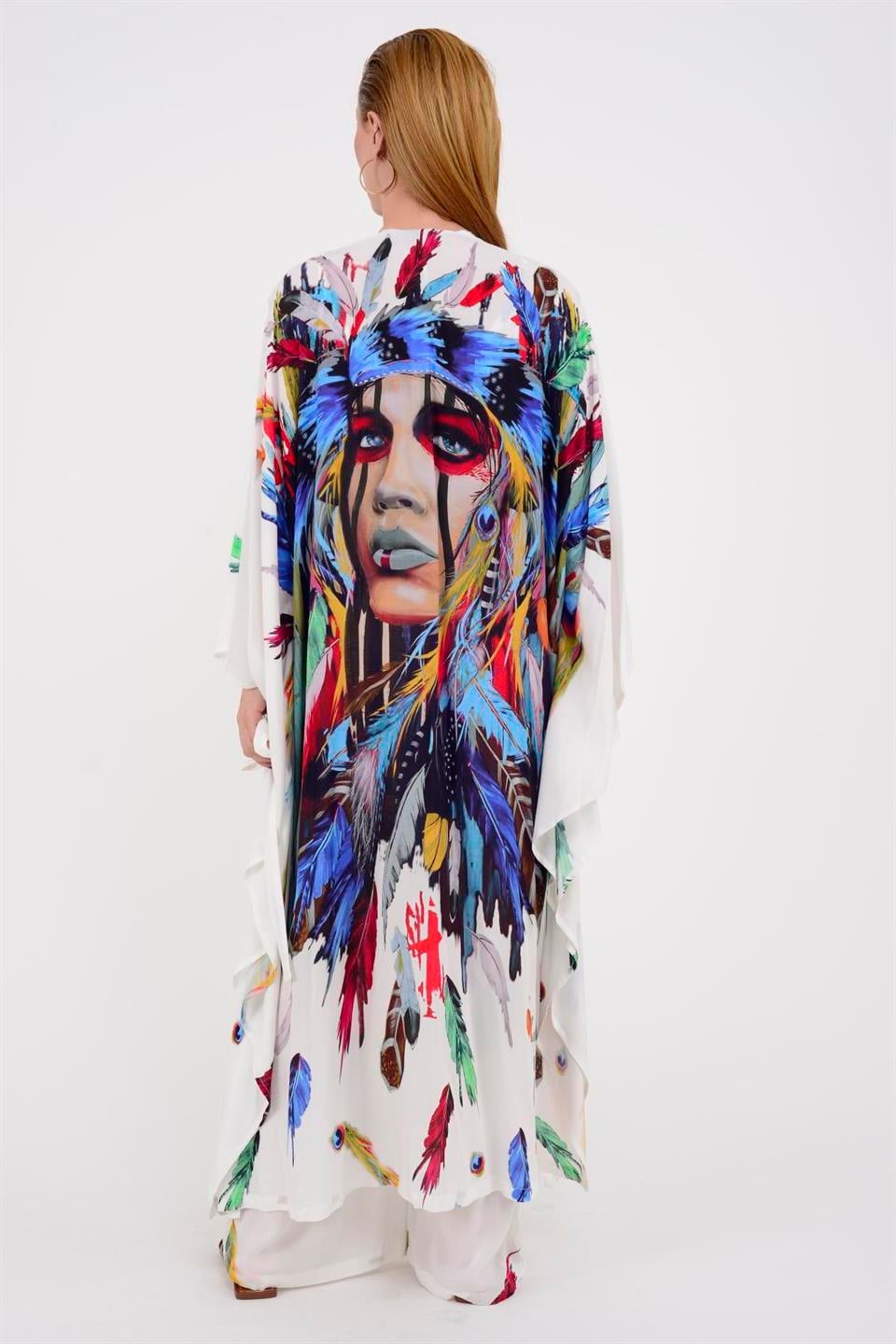 ÖZEL TASARIM BEYAZ ASTEK BASKILI BOHO KİMONO - KAFTAN