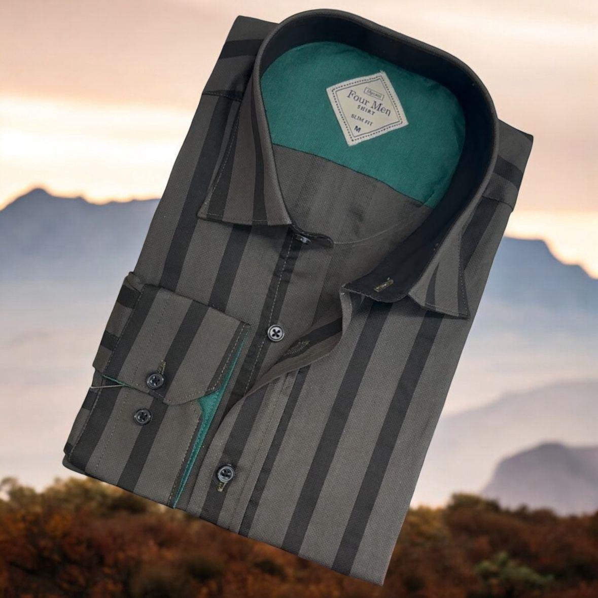Pamuklu Antrasit Uzun Kollu Çizgi Bloklu Erkek Gömlek (Slim Fit Kalıp)
