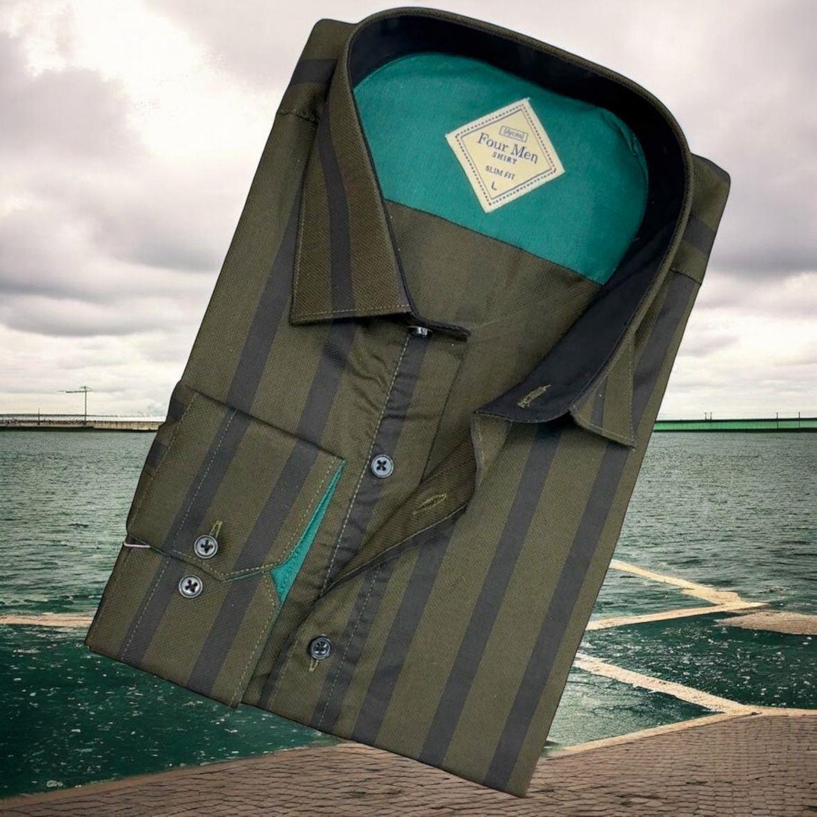 Pamuklu Antrasit Uzun Kollu Çizgi Bloklu Erkek Gömlek (Slim Fit Kalıp)