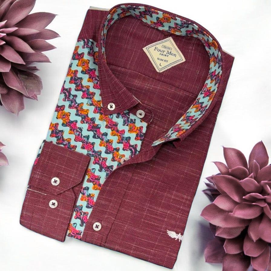 Pamuklu Bordo Uzun Kollu Erkek Gömlek (Slim Fit Kalıp)