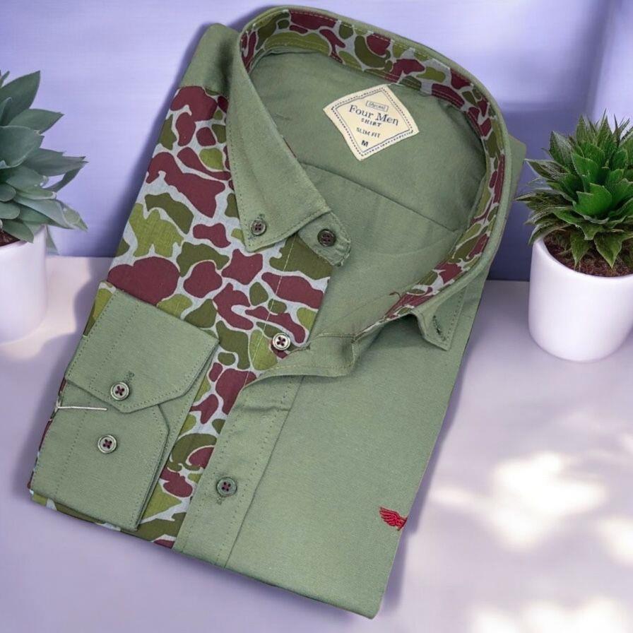 Pamuklu Haki Uzun Kollu Erkek Gömlek (Slim Fit Kalıp)