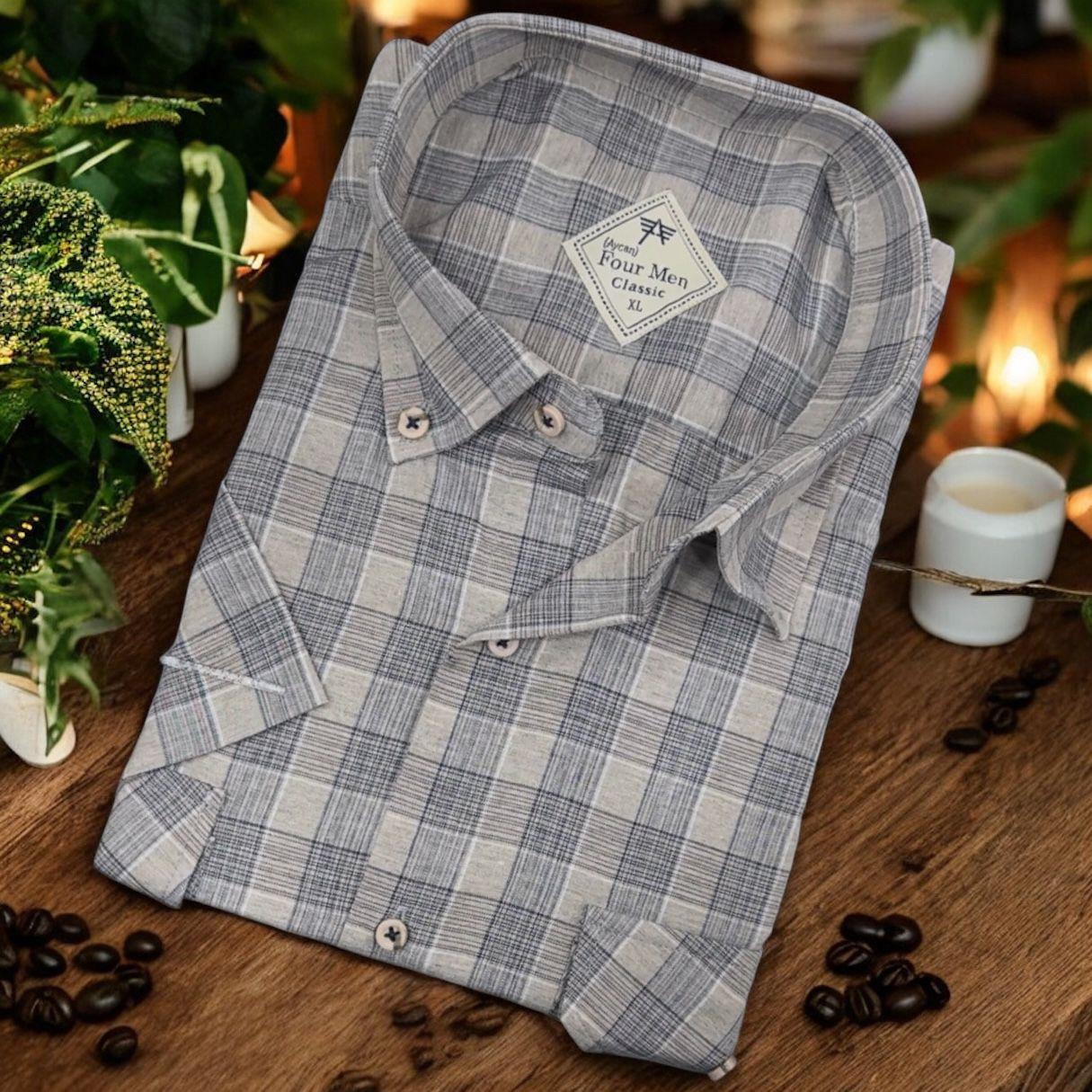 Pamuklu Klasik Kısa Kollu Gri Cepli Erkek Gömlek (Regular Kalıp)