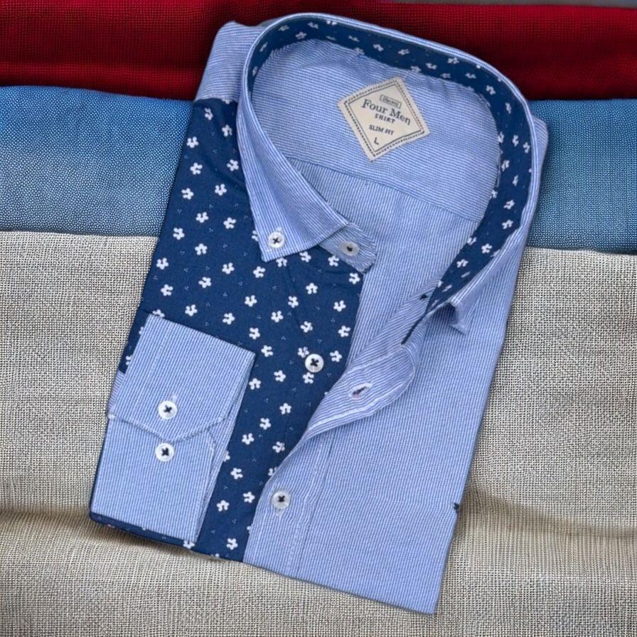 Pamuklu Mavi Uzun Kollu Erkek Gömlek (Slim Fit Kalıp)