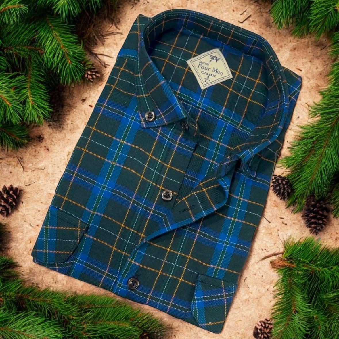Pamuklu Mavi Uzun Kollu Kare Bloklu Erkek Gömlek (Slim Fit Kalıp)