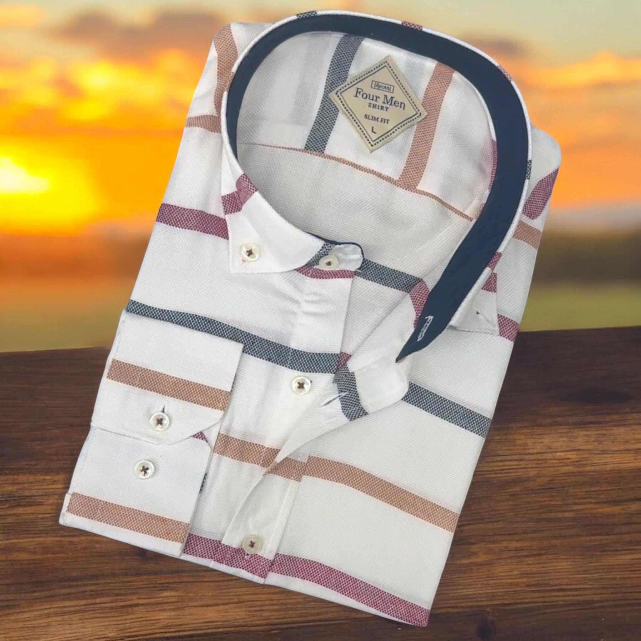Pamuklu Uzun Kollu Çizgi Bloklu Erkek Gömlek (Slim Fit Kalıp)