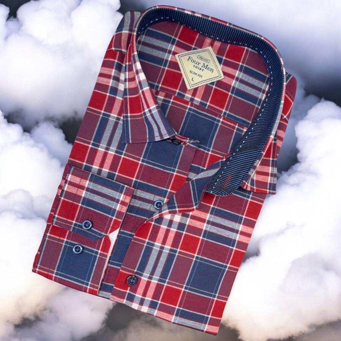Pamuklu Uzun Kollu Kırmızı Çizgi Bloklu Erkek Gömlek (Slim Fit Kalıp)