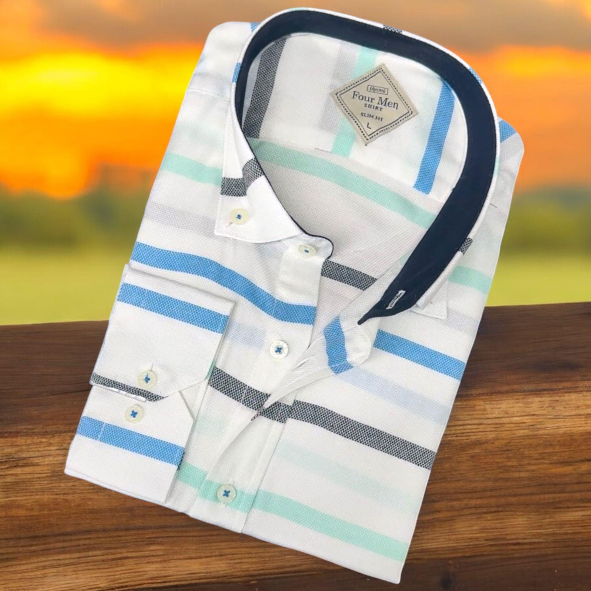 Pamuklu Uzun Kollu Mavi  Çizgi Bloklu Erkek Gömlek (Slim Fit Kalıp)