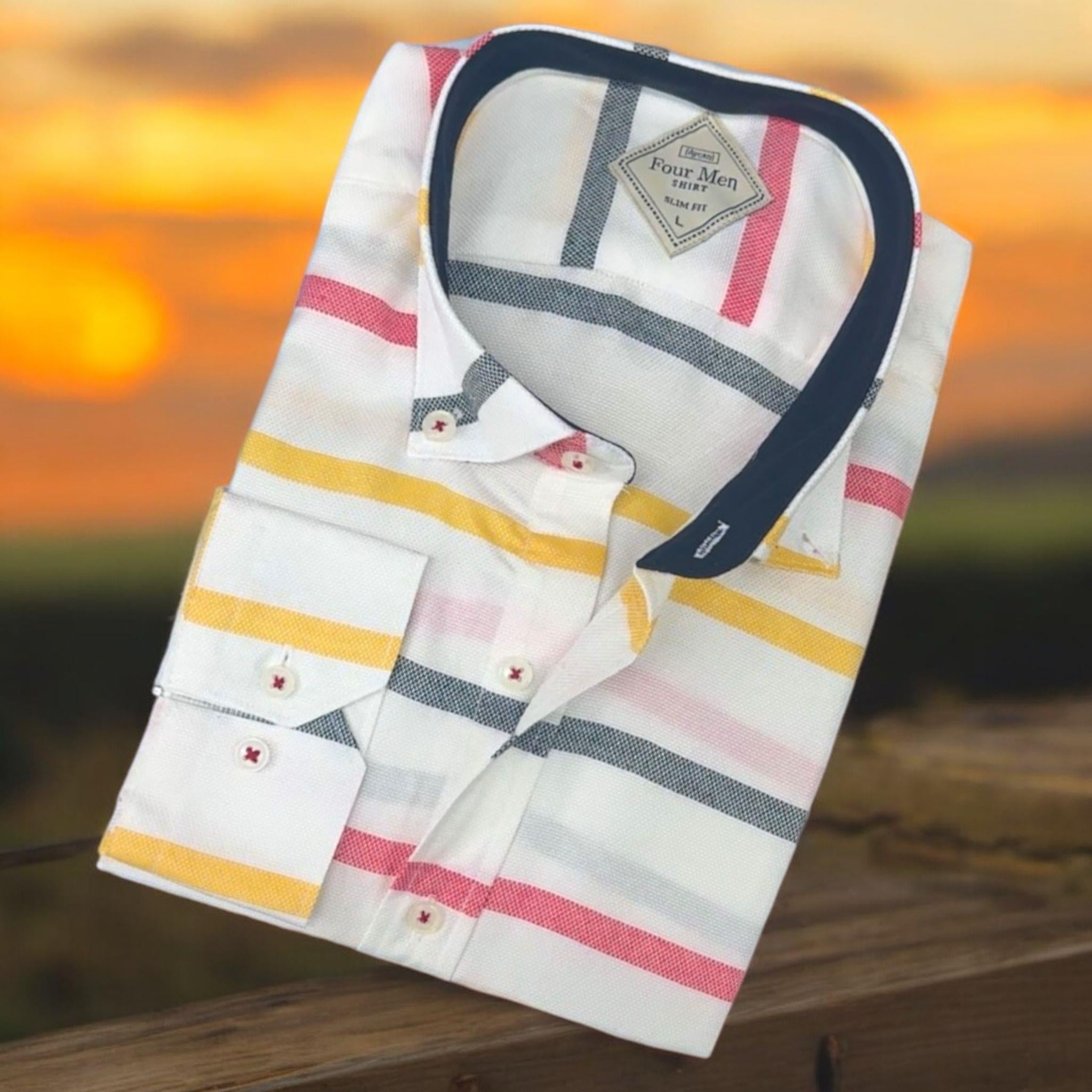 Pamuklu Uzun Kollu Sarı Çizgi Bloklu Erkek Gömlek (Slim Fit Kalıp)